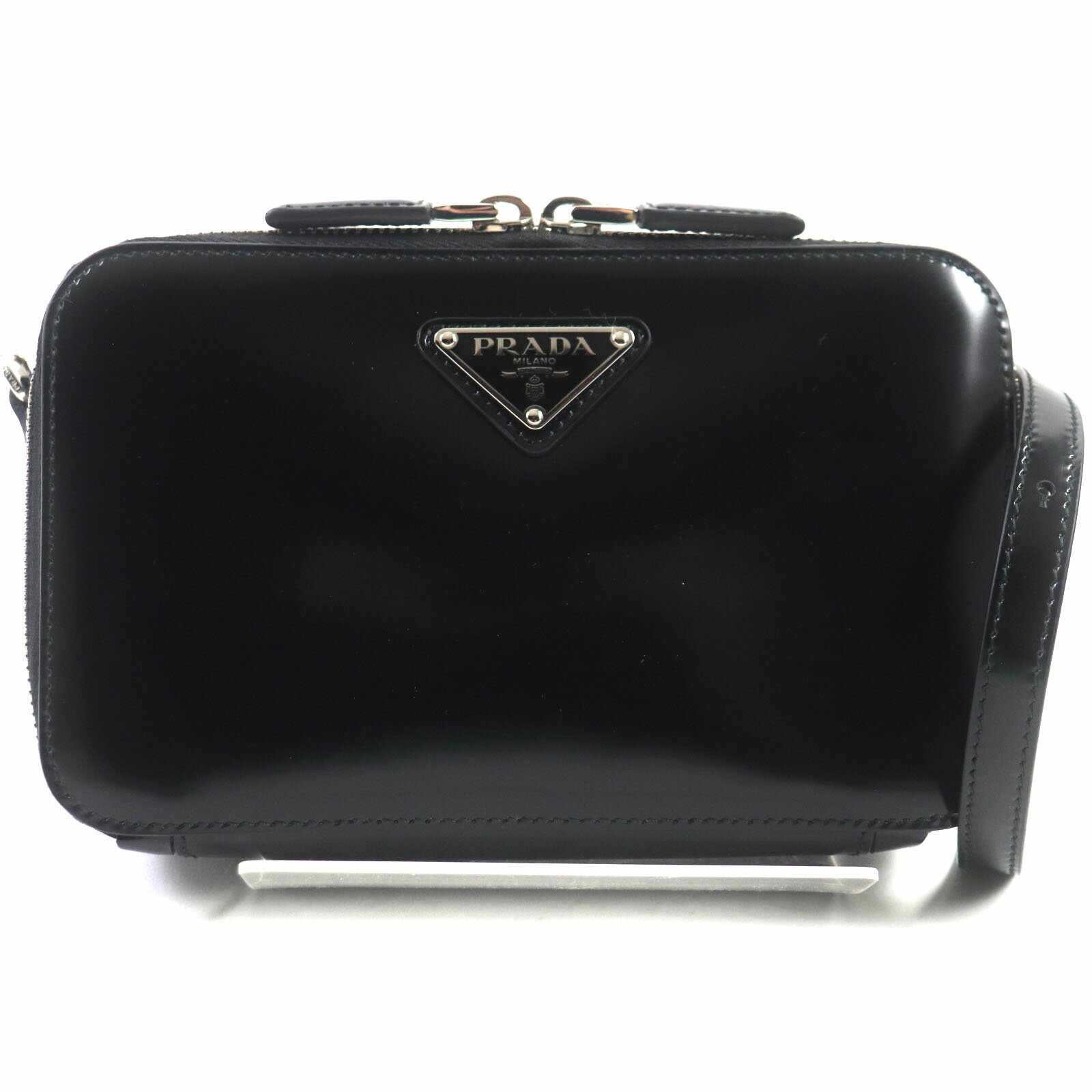 極美品▼PRADA プラダ 2VH173 ブリック ブラッシュドレザー トライアングルロゴ ショルダーバッグ ブラック イタリア製 メンズ【中古】