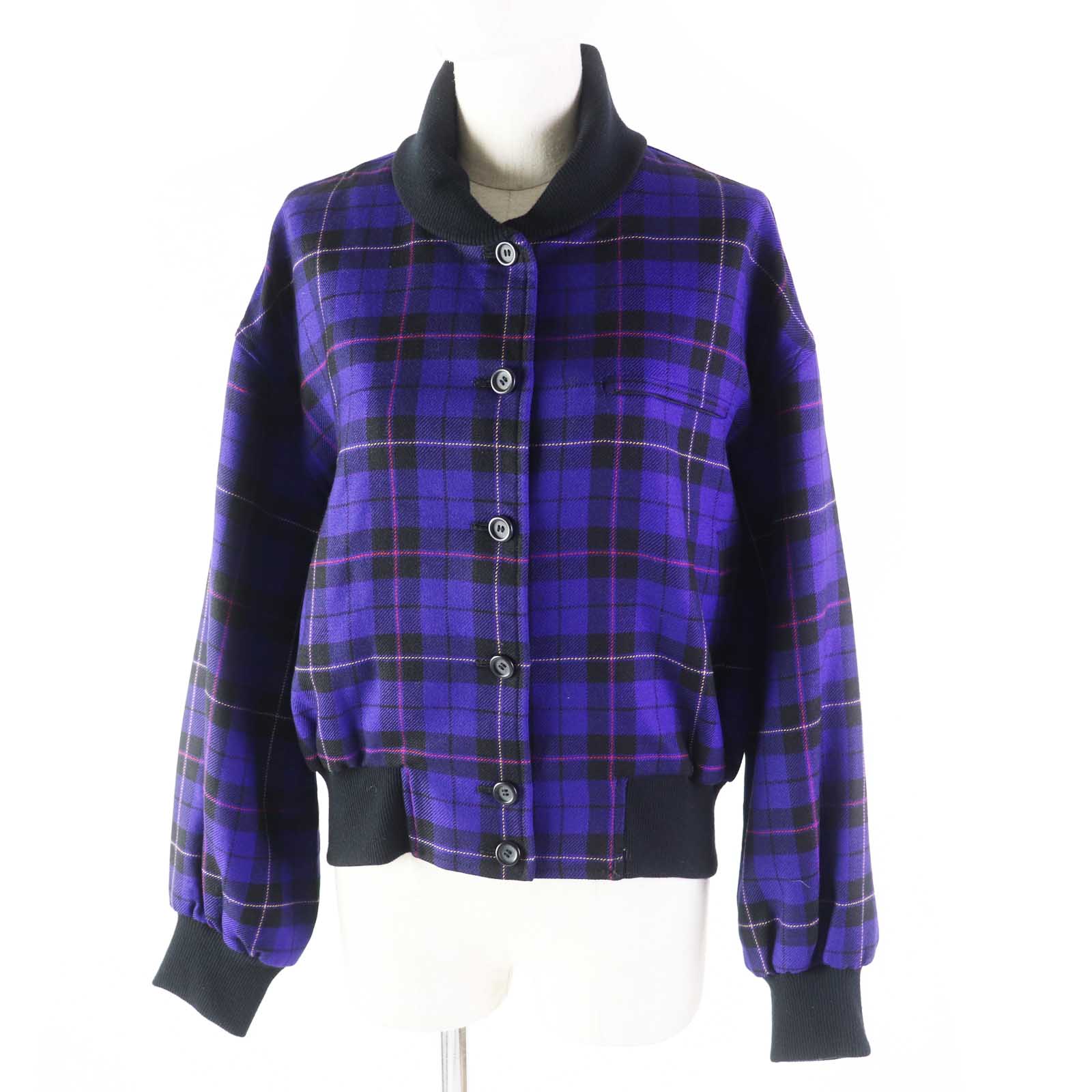 極美品◎Christian Dior クリスチャンディオール ヴィンテージ ウール100％ チェック柄 ブルゾン パープル系 M レディース【中古】