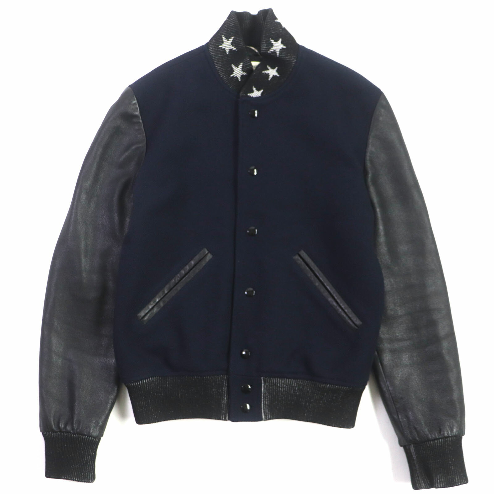 美品▼SAINT LAURENT PARIS サンローランパリ 455208Y180W 袖革 ラムレザー スターデザイン バーシティジャケット ブルゾン ネイビー 42 イタリア製 正規品 メンズ【中古】