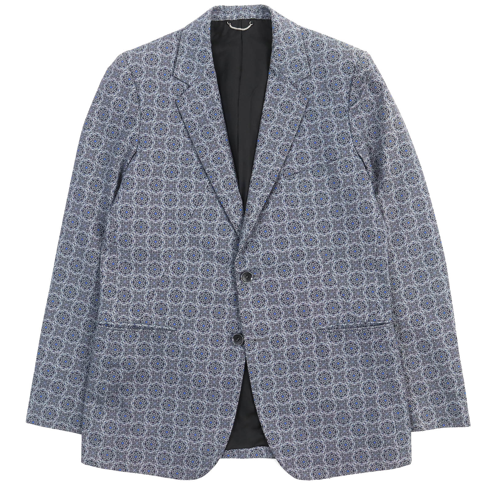極美品△JOHN LAWRENCE SULLIVAN ジョンローレンスサリバン コットン100％ 総柄 シングル テーラードジャケット 段返り ブルー グレー系 38 日本製 正規品 メンズ オススメ◎【中古】