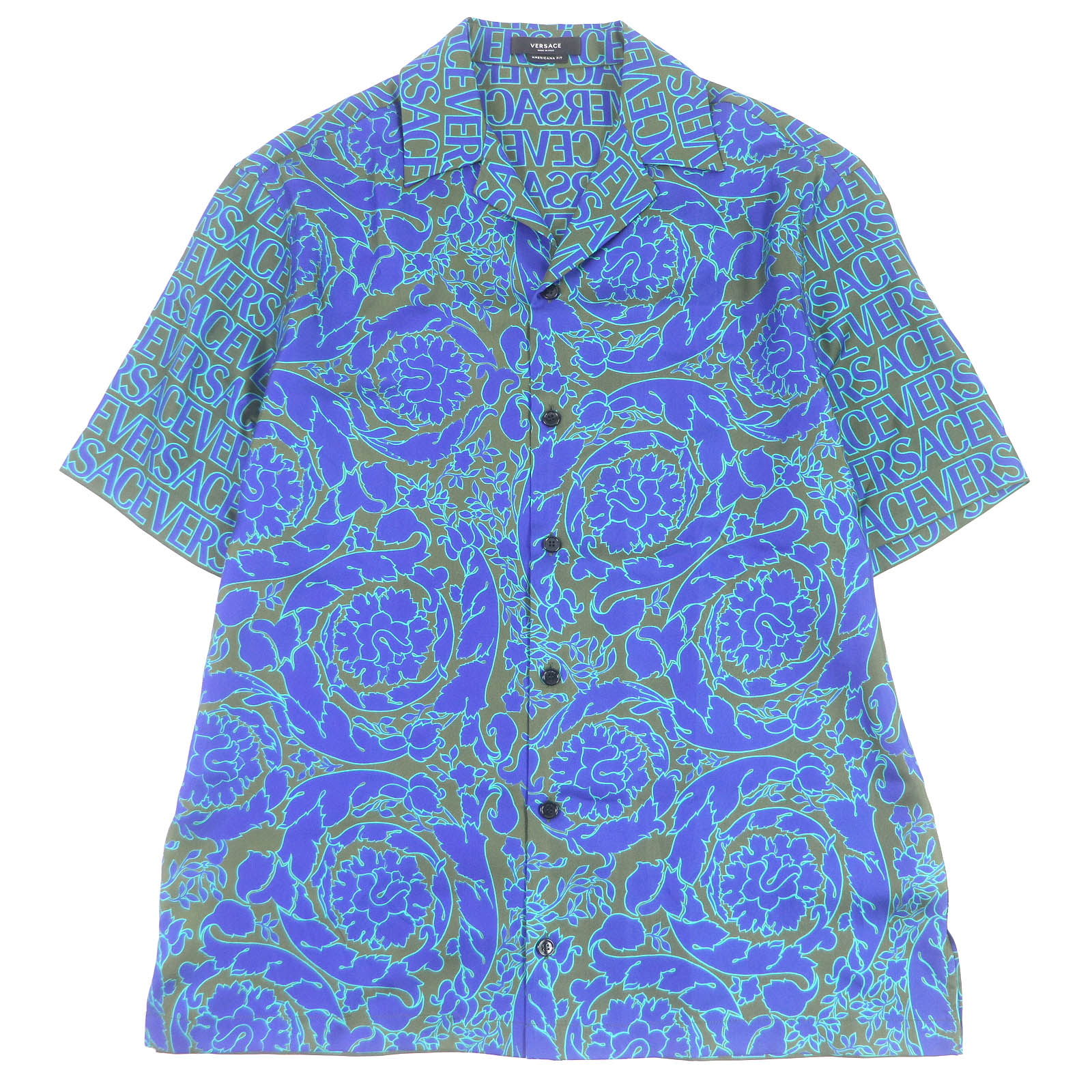 極美品□VERSACE ヴェルサーチ 23SS 1003926 シルク100％ AMERICANA FIT バロック ロゴ総柄 半袖 開襟 ボウリングシャツ カーキ ブルー 48 ハンガー付き イタリア製 正規品 メンズ【中古】