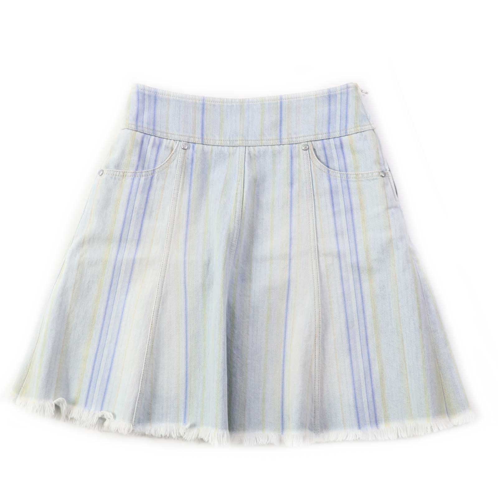 極美品◎CHANEL シャネル P58766 コットン ストライプ柄 裾カットオフ デニムスカート ライトブルー 34 イタリア製 正規品 レディース【中古】