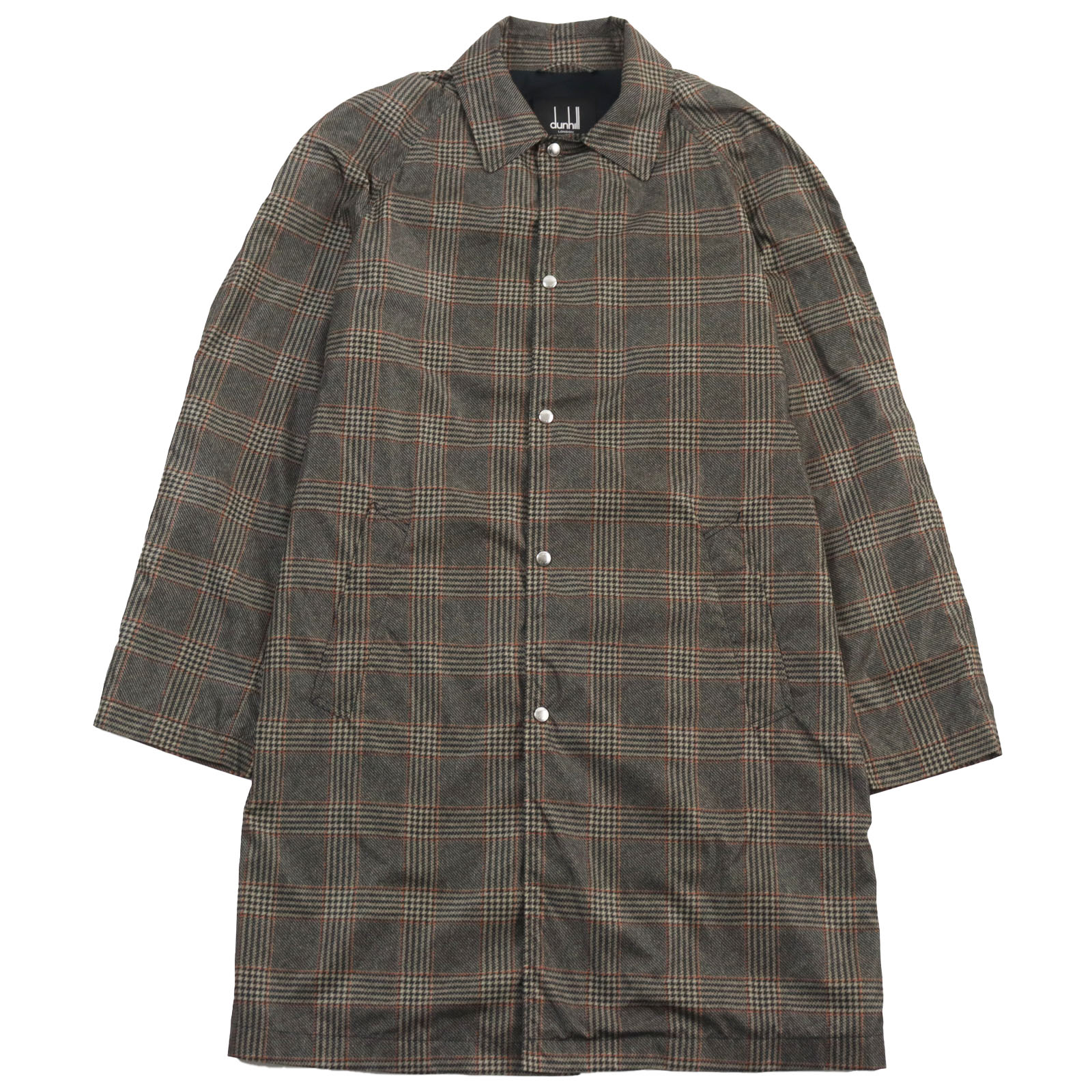 極美品●Dunhill ダンヒル グレンチェック柄 ラグランスリーブ ナイロンコート ステンカラーコート ブラウン系 M 正規品 メンズ【中古】