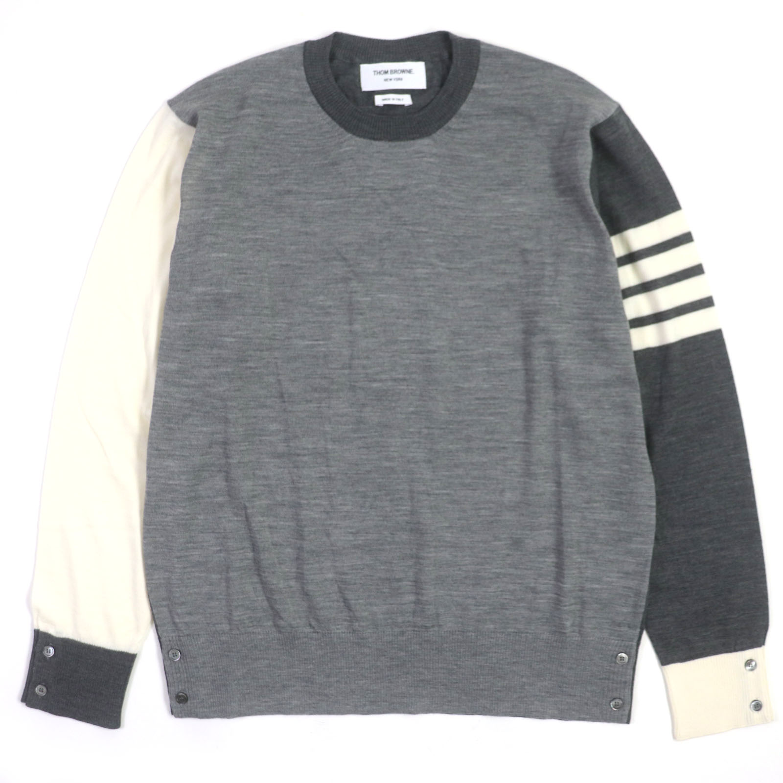 極美品▼THOM BROWNE トムブラウン MKA002F-Y1014-982 ファンミックス ファインメリノ 4BAR クルーネック プルオーバー ウール ハイゲージニット グレー 3 イタリア製 正規品 メンズ【中古】