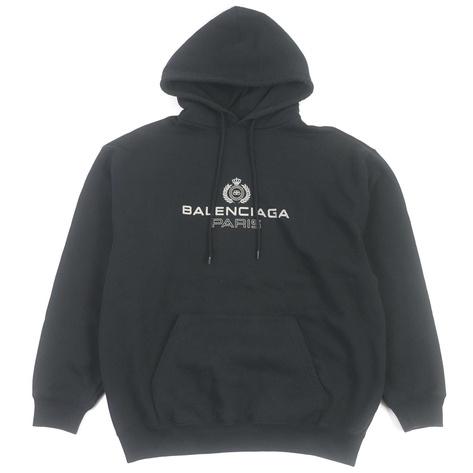 美品□BALENCIAGA バレンシアガ 570811 コットン BBパリス ロゴプリント オーバーサイズ プルオーバー フーディー パーカー ブラック M 正規品 メンズ【中古】