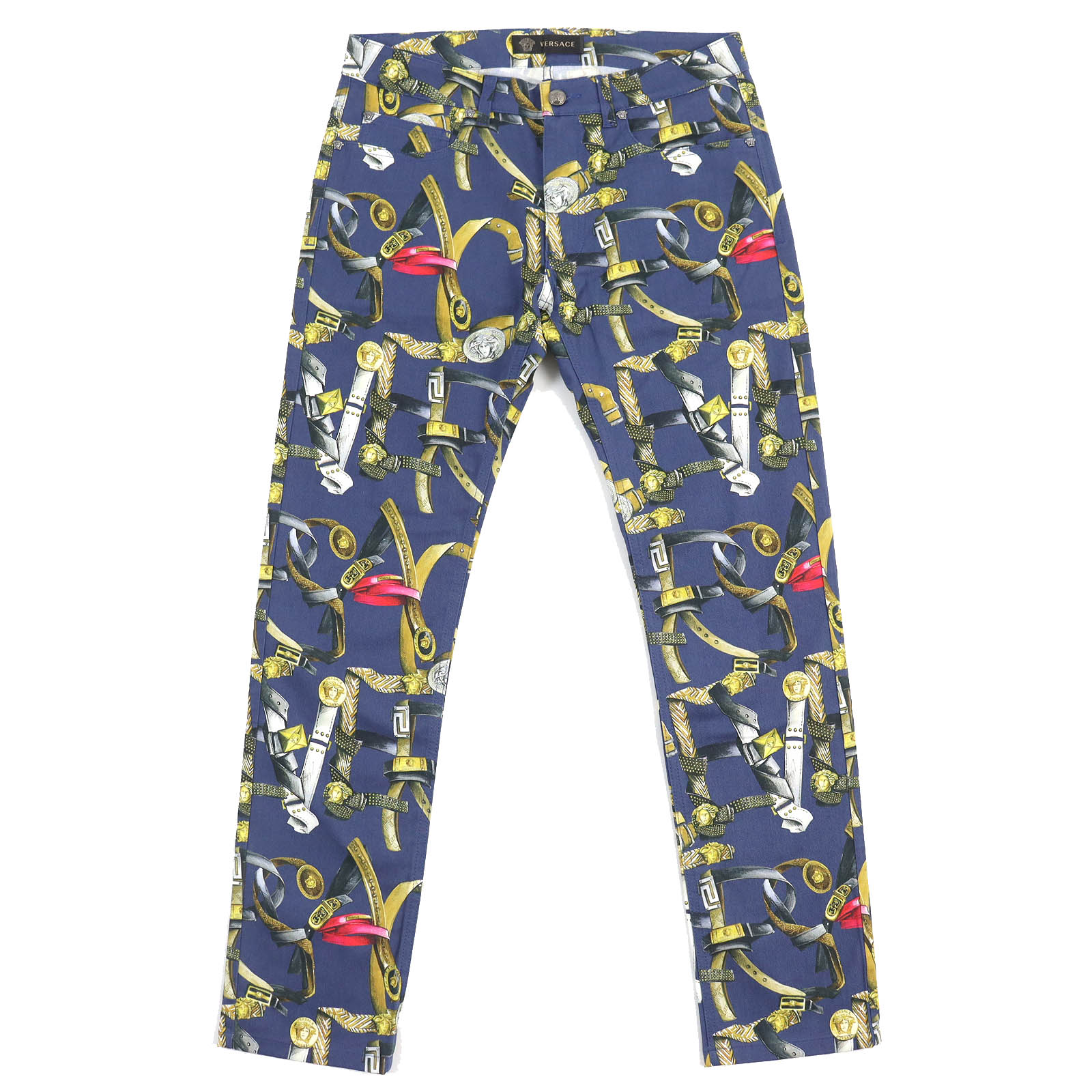 極美品△VERSACE ヴェルサーチ A69903 コットン バロック柄 メデューサモチーフ デニムパンツ ブルー マルチカラー 31 イタリア製 メンズ オススメ◎【中古】