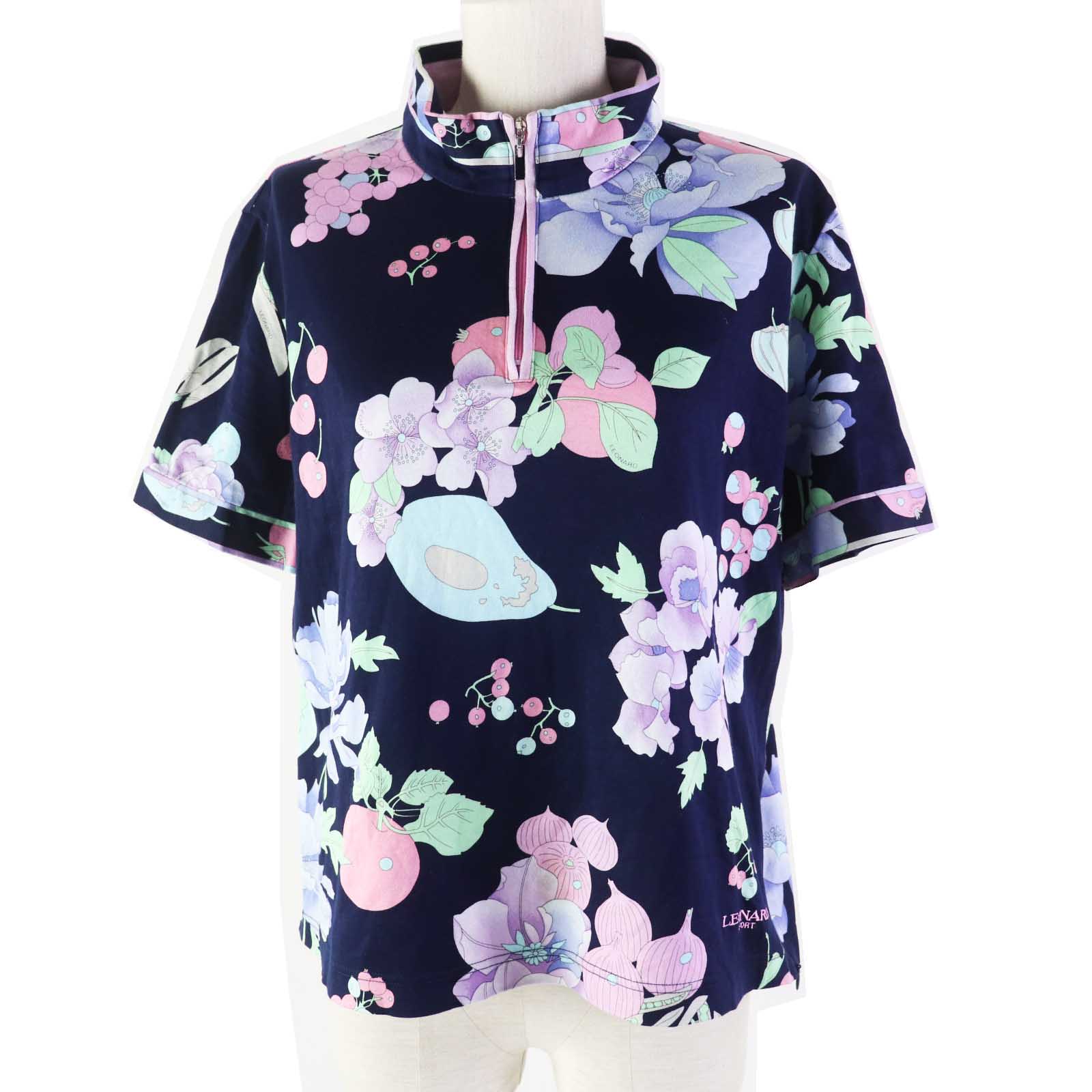 美品◎LEONARD SPORT レオナールスポーツ 0558325 コットン100％ 花柄プリント ハーフジップ 半袖 カットソー ネイビー マルチ 44 日本製 正規品 レディース【中古】