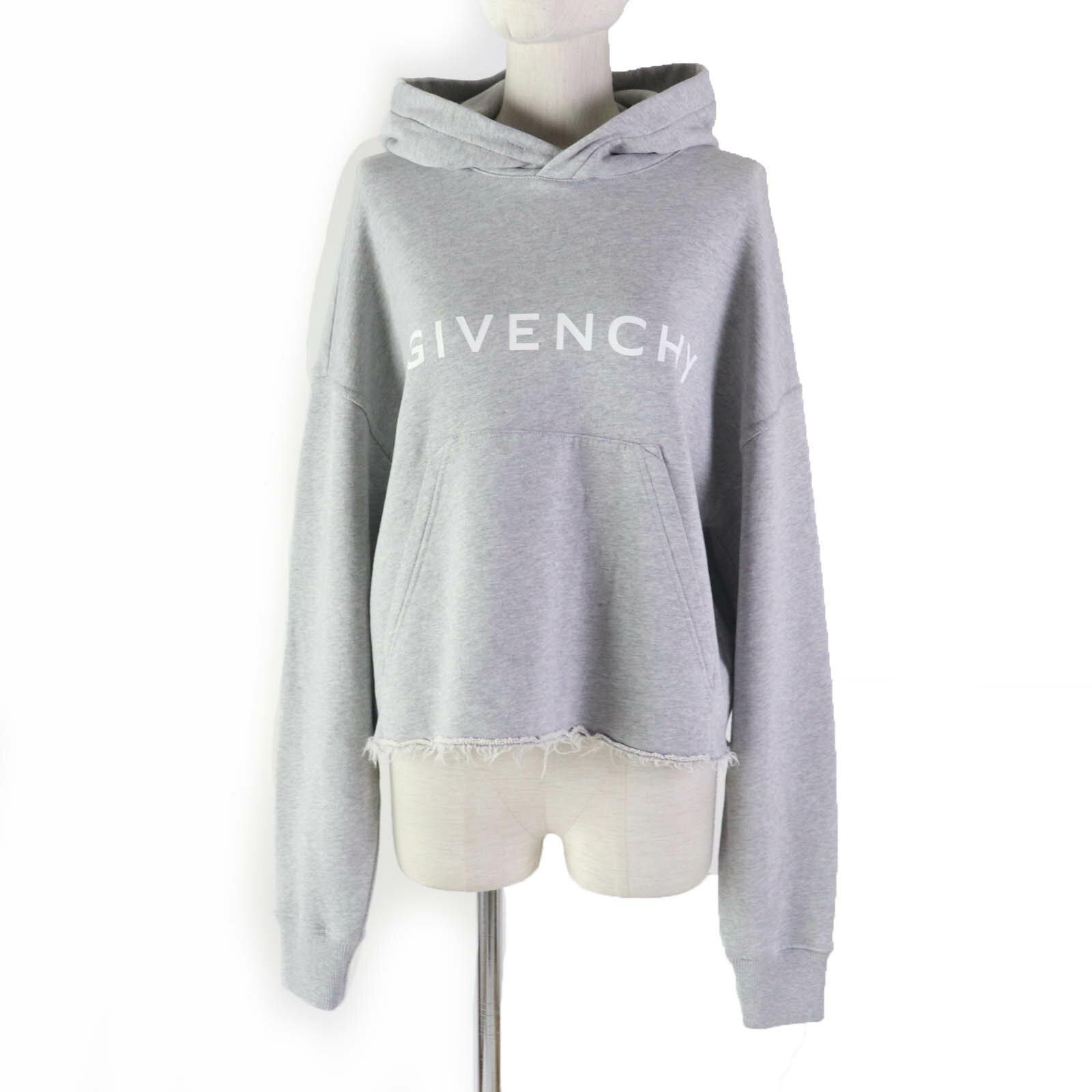 極美品☆GIVENCHY ジバンシィ BWJ03M3YBB コットン ロゴ カットオフ 長袖 クロップド丈 フーディ パーカー スウェット グレー S 正規品 レディース【中古】