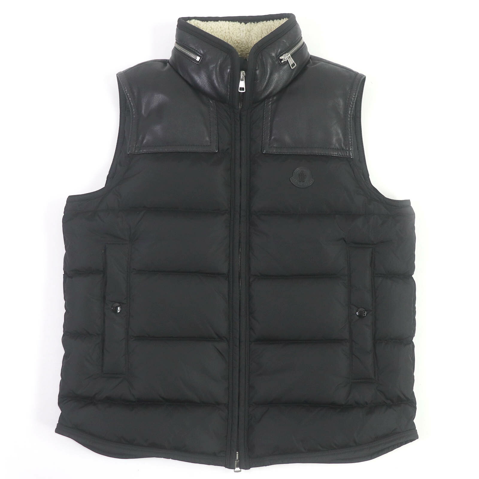 美品□MONCLER モンクレール MILLAIS GILET フード入り ロゴワッペン ラムレザー 襟ムートン ダウンベスト ジレ ブラック 3 メンズ【中古】