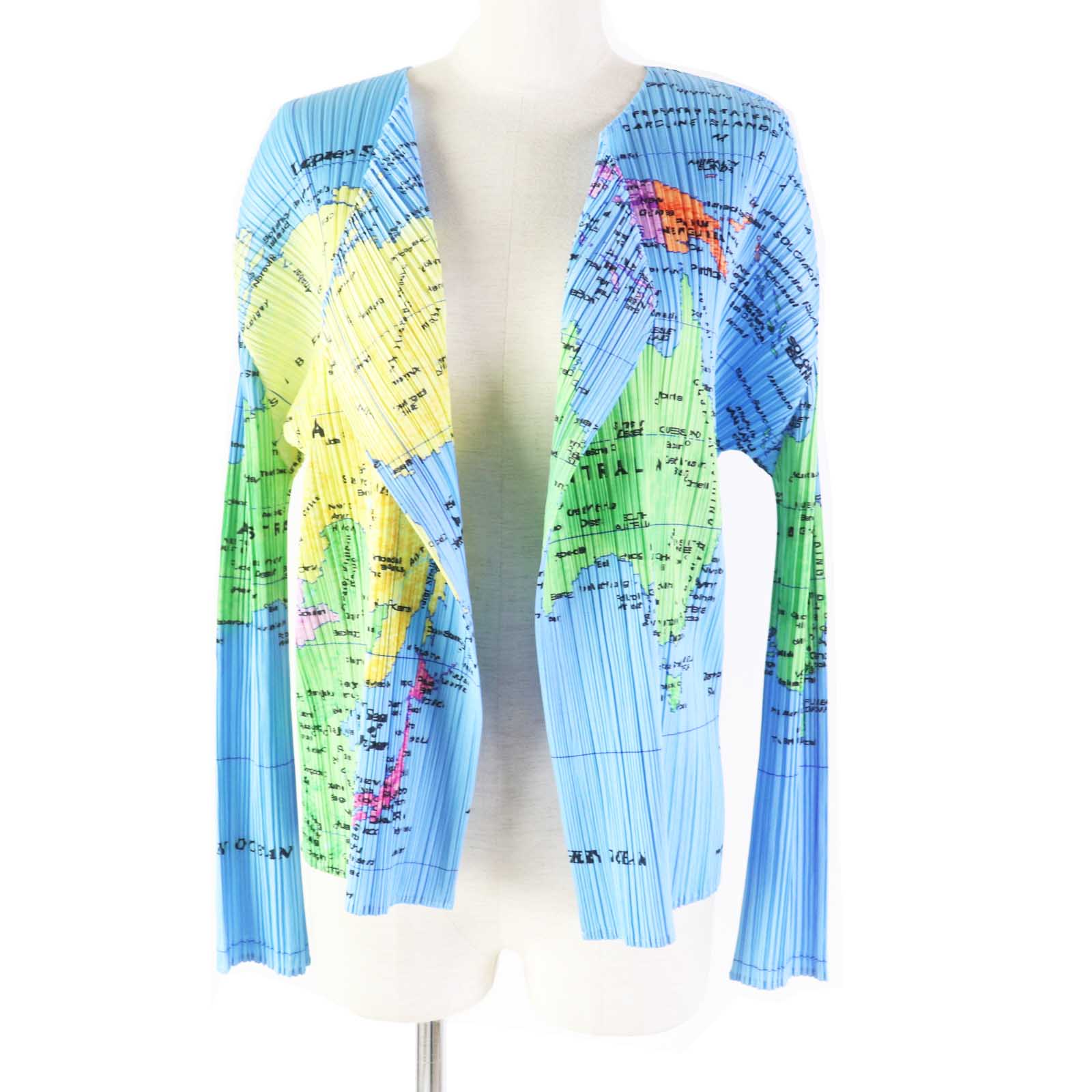 極美品◎PLEATS PLEASE プリーツプリーズ イッセイミヤケ 2008SS PP81-J0594 世界地図柄 Worid Map カーディガン ライトブルー マルチ 4 日本製 正規品 レディース【中古】