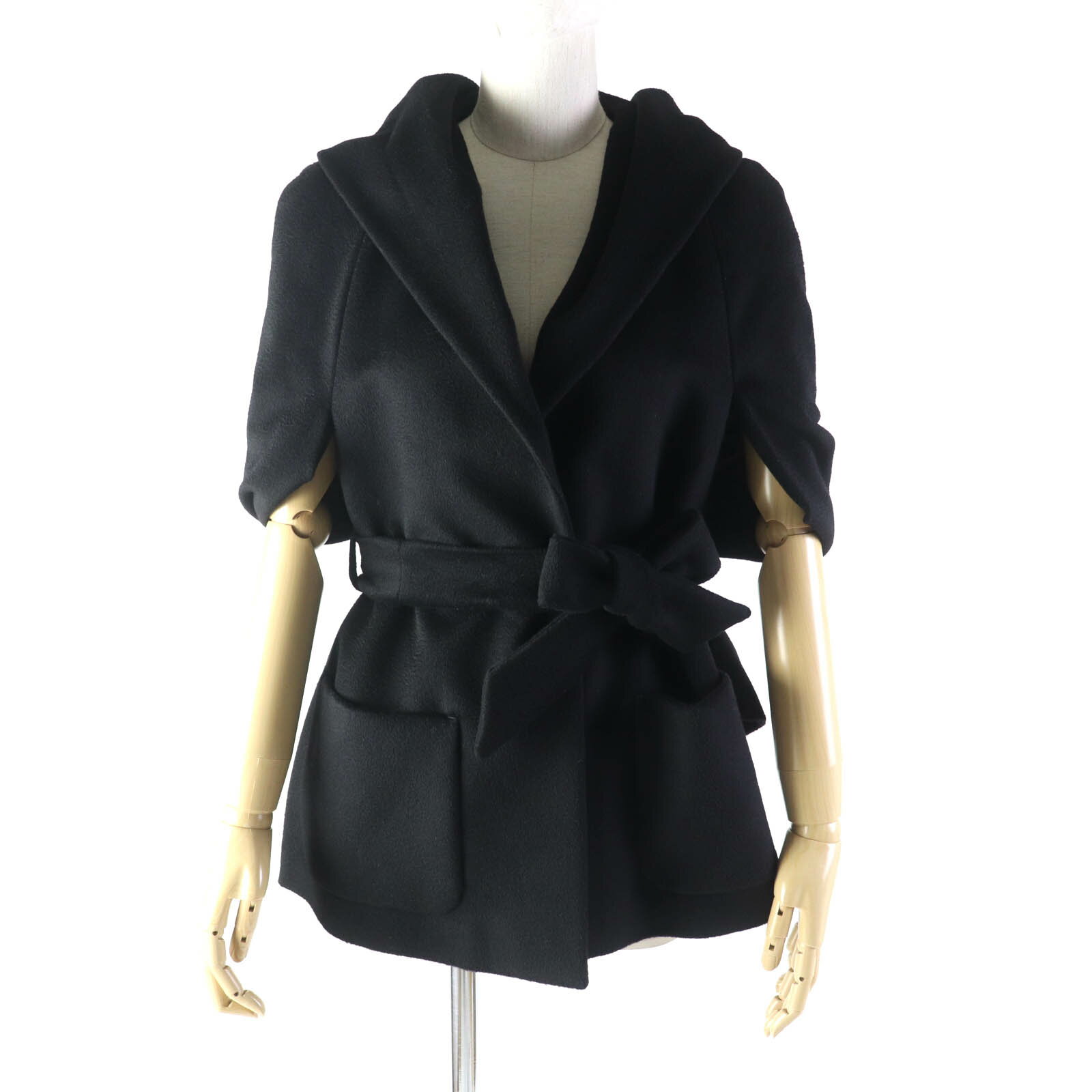 極美品★MAX MARA STUDIO マックスマーラ ステュディオ 60862359 フードベルト付 マントコート /ケープ/コート ブラック 38 イタリア製 正規品 レディース【中古】