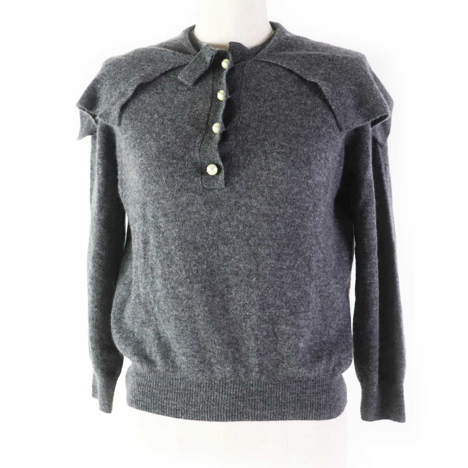 美品◎Christian Dior クリスチャンディオール 23AW 354S48AM053 カシミヤ100％ CDロゴFパールボタン BIGカラー 長袖ニット チャコールグレー 42 イタリア製 正規品 レディース【中古】