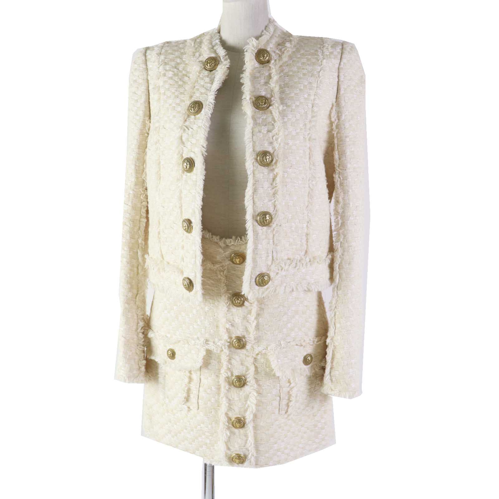 極美品◎BALMAIN バルマン SK310CD27 LB735CD27 ライオン金ボタン ツイード ノーカラージャケット／スカート セットアップ アイボリー系 38／40 レディース【中古】