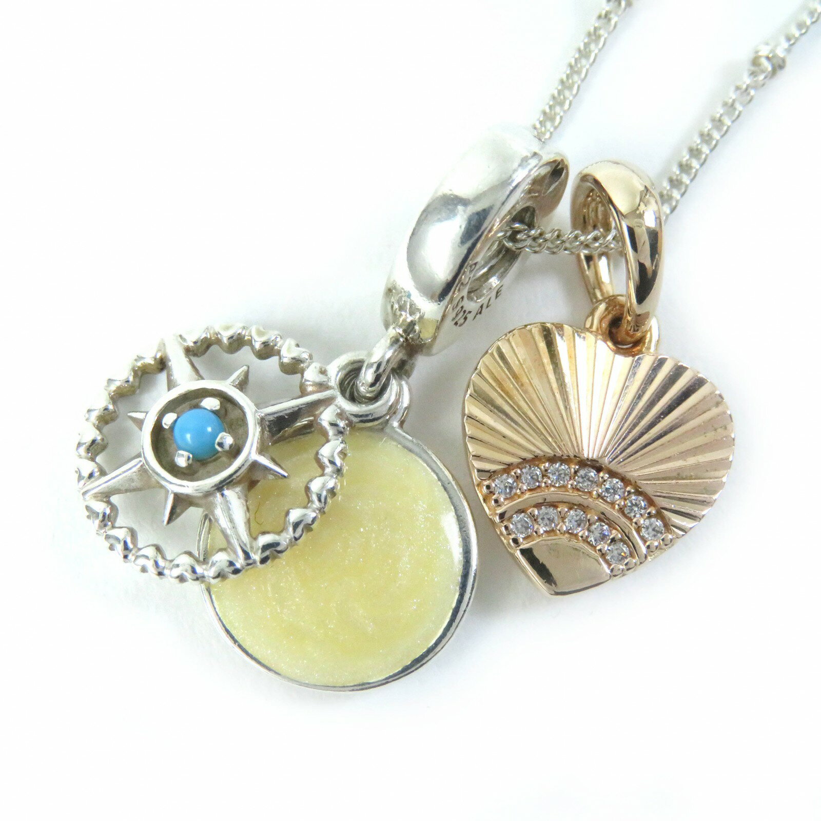 美品△PANDORA パンドラ Follow Your Dreams コンパス ハート チャームセット ペンダント ネックレス SV925 シルバー ベージュ ブルー ゴールド系 重量8.25g レディース【中古】