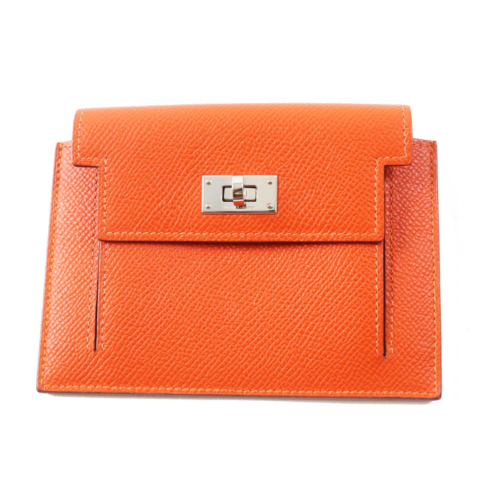 美品◎HERMES エルメス ケリー ポケットコンパクト シルバー金具 ヴォーエプソン コインケース オレンジ Y刻印 箱付き フランス製 レディース【中古】