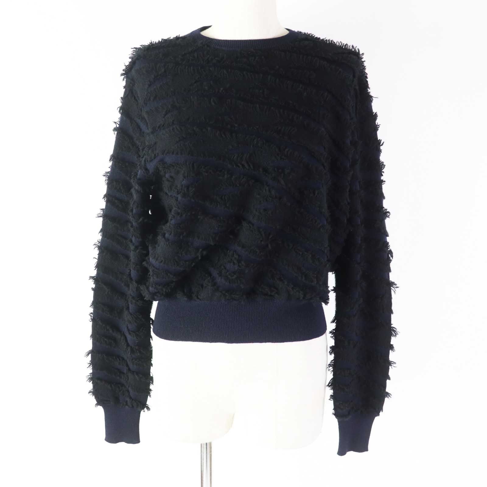 極美品◎DRAWER ドゥロワー 6513-106-0866 ウール カシミヤ ミンクパッチ フリンジクルー 長袖ニットプルオーバー ブラック ダークネイビー 約Mサイズ 正規品 レディース【中古】