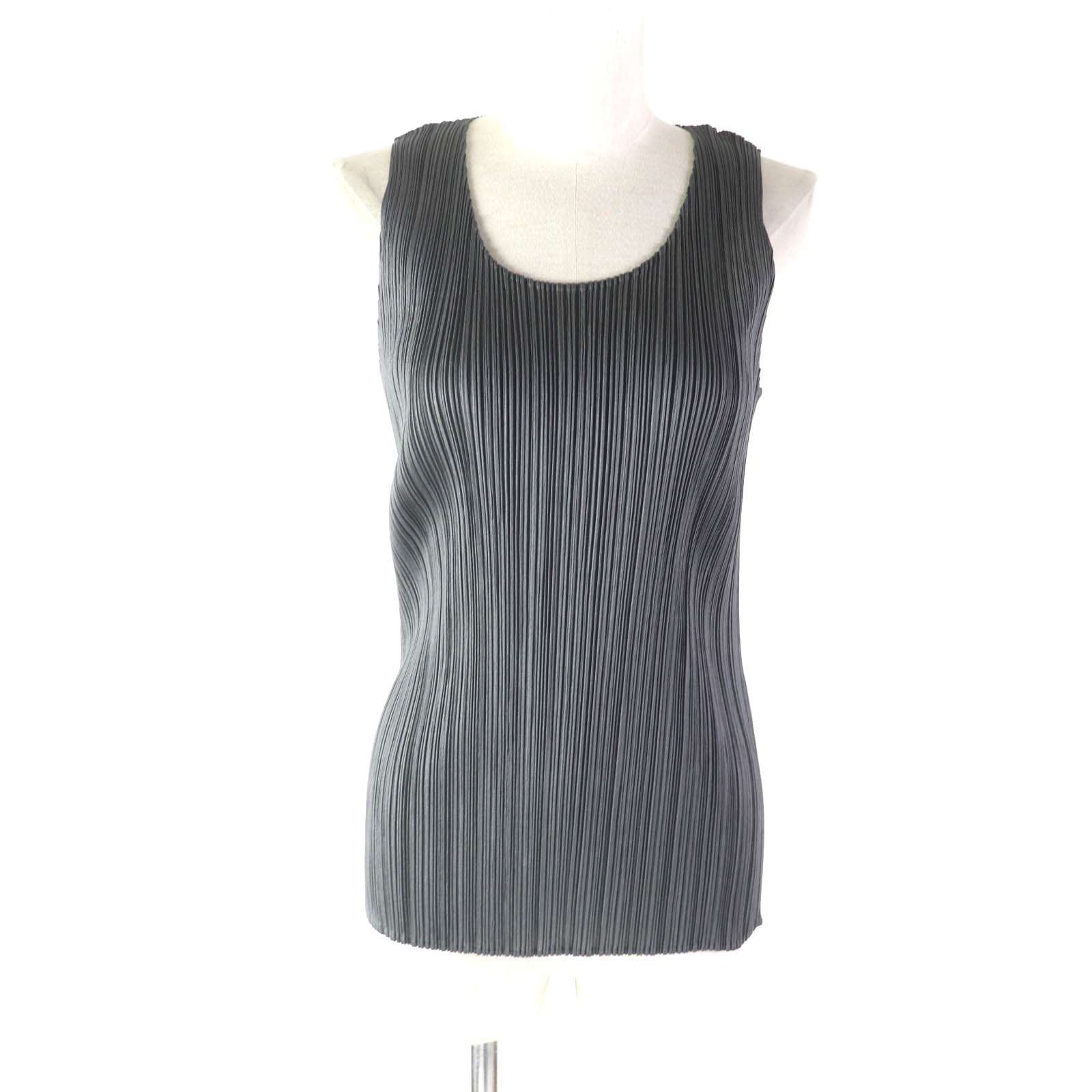 極美品★PLEATS PLEASE プリーツプリーズ イッセイミヤケ Uネック ノースリーブ カットソー グレー 日本製 正規品 レディース【中古】