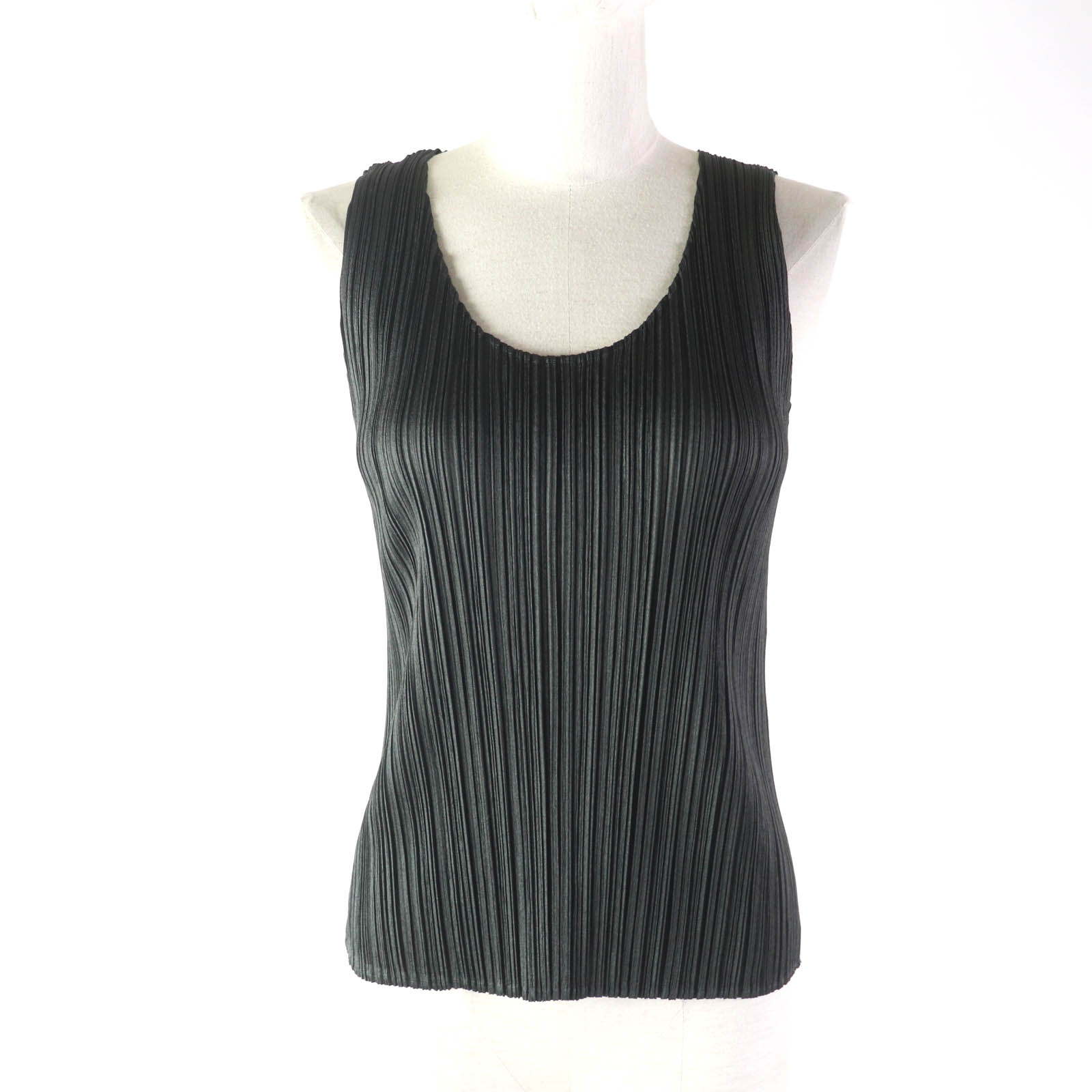 極美品★PLEATS PLEASE プリーツプリーズ イッセイミヤケ Uネック ノースリーブ カットソー ダークグレー 5 日本製 レディース【中古】