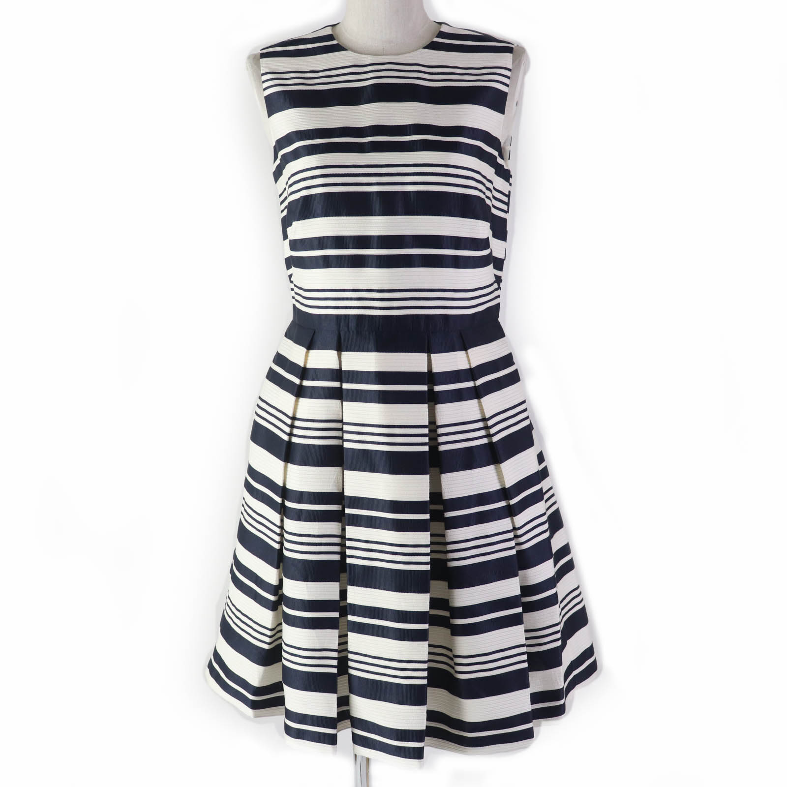 極美品☆RED VALENTINO レッドヴァレンティノ ボーダー柄 ノースリーブ Aライン ドレス ワンピース アイボリー ダークネイビー 40 ハンガー付き 正規品 レディース【中古】