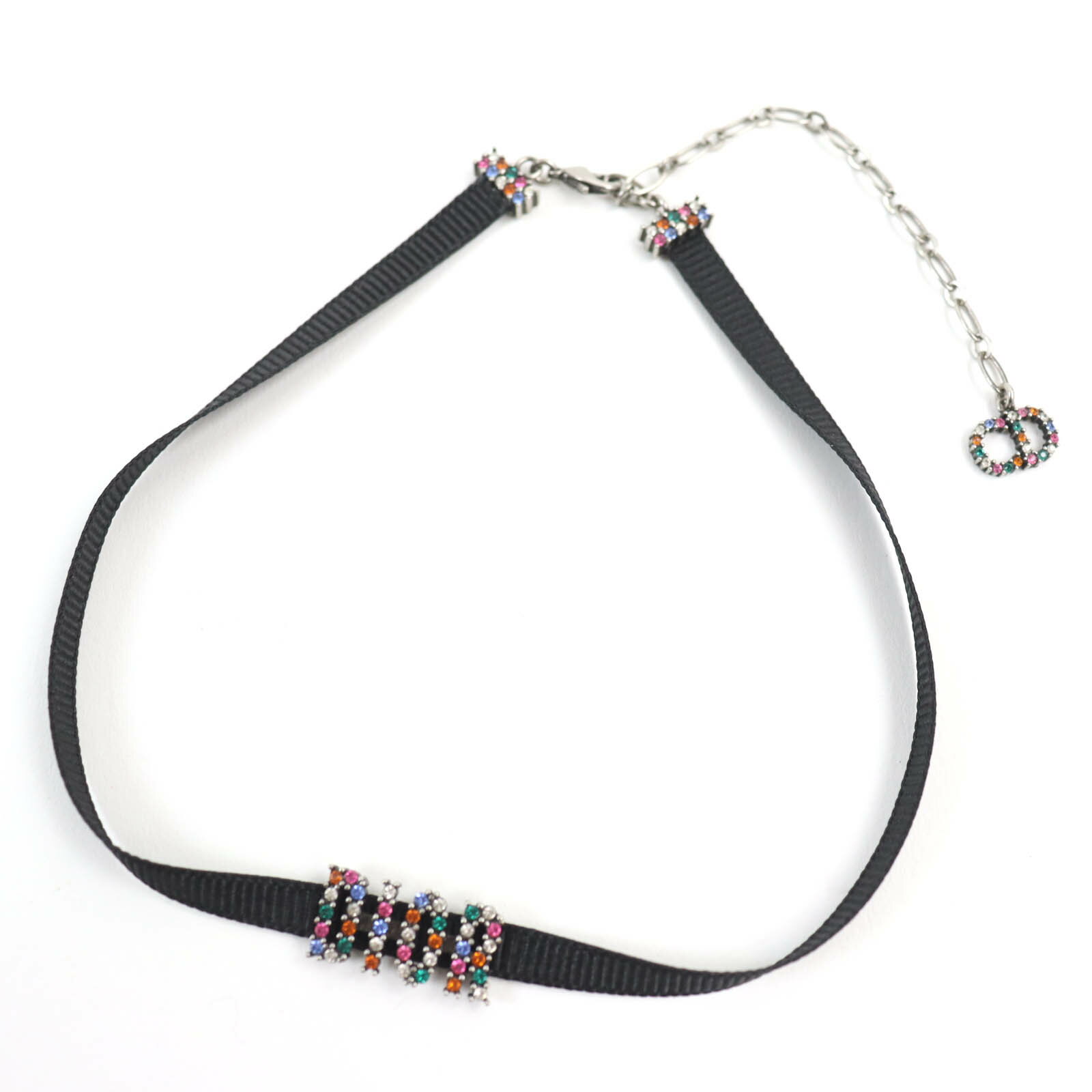 美品☆Christian Dior クリスチャンディオール ラインストーン付き ロゴ チョーカー ブラック マルチカラー 保存袋付き レディース【中古】