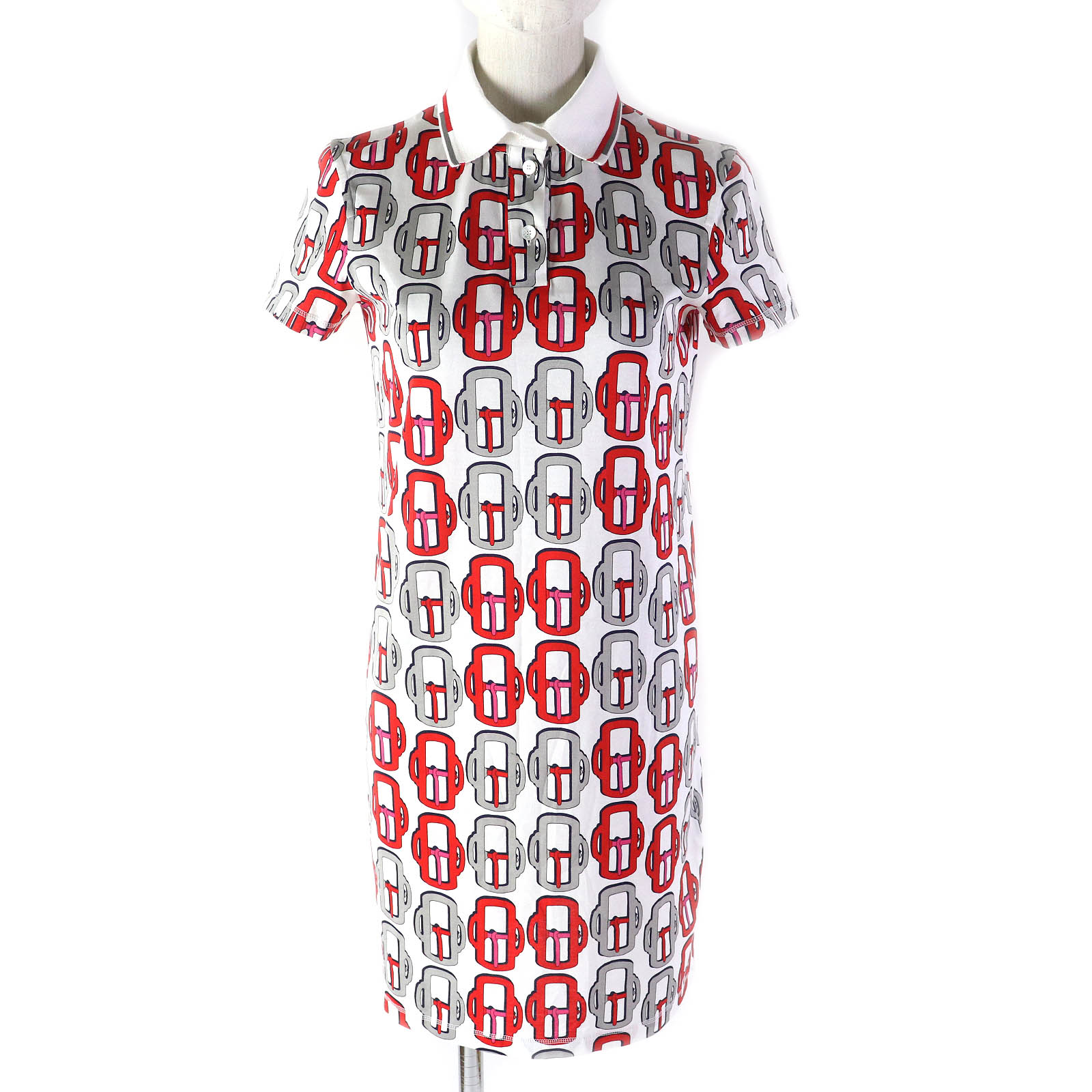 極美品△HERMES エルメス BOUCLERIE MODERNE JERSEY モダンなバックル コットン100％ セリエボタン 半袖 ポロ ワンピース ホワイト レッド グレー ネイビー 34 フランス製 正規品 レディース 大人気 オススメ◎【中古】