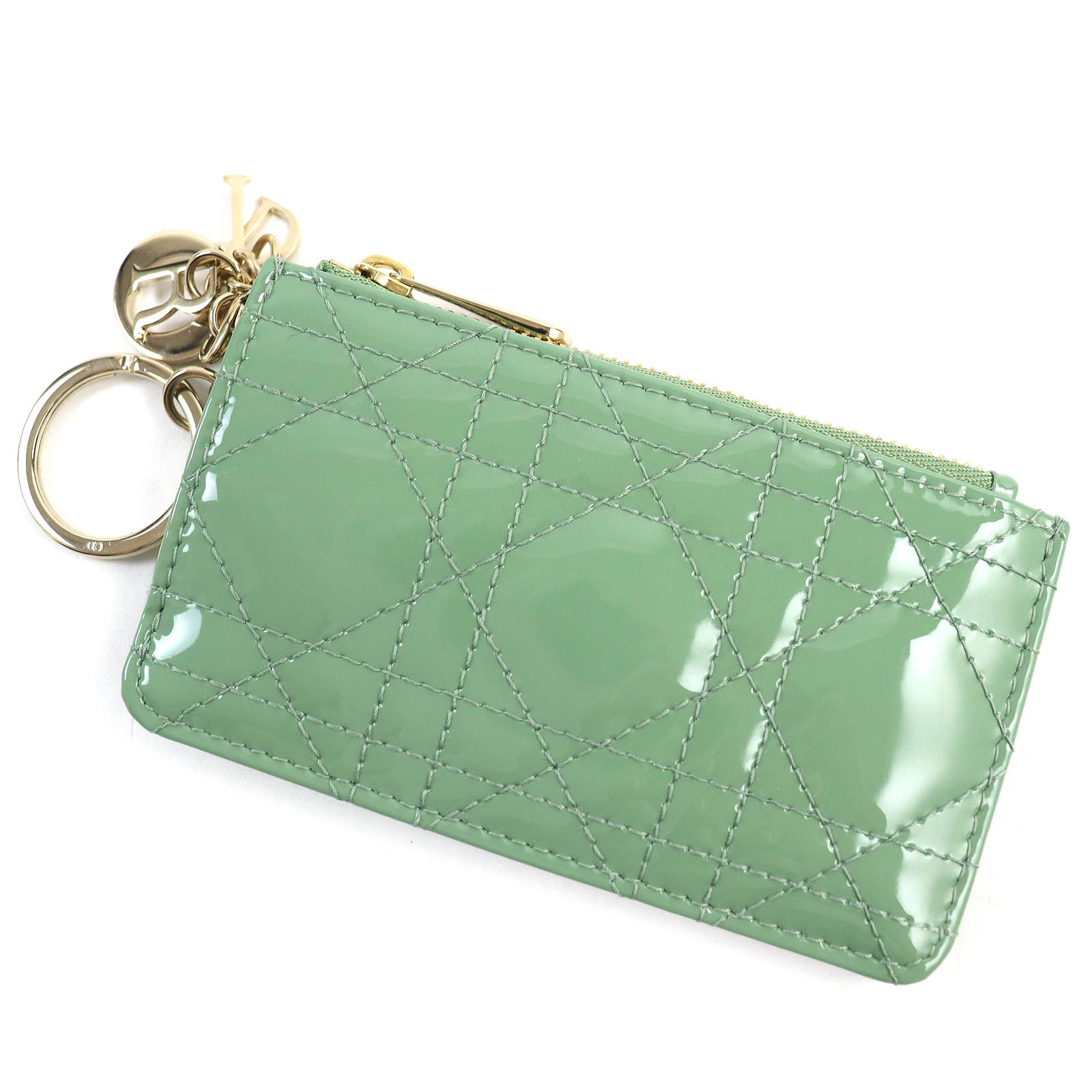 極美品△Christian Dior クリスチャンディオール S0841OVRB レディディオール カナージュ パテントレザー キーリング・ロゴチャーム付き ジップ コインケース 小銭入れ 現行品 ライトグリーン 保存袋付き イタリア製 レディース オススメ◎【中古】