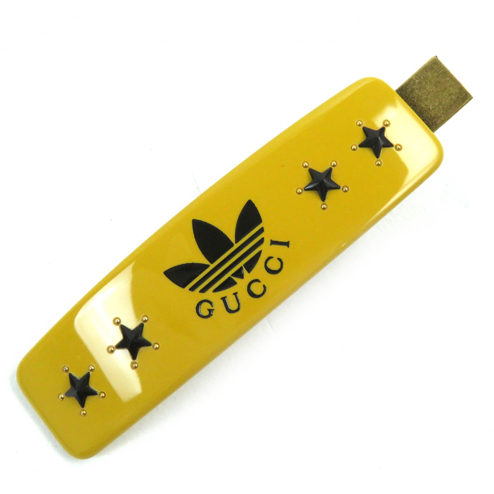極美品△GUCCI adidas グッチ アディダス 702940 トレフォイル ロゴ入り バレッタ ヘアクリップ ヘアアクセサリー イエロー ブラック イタリア製 レディース 大人可愛い 人気 オススメ◎【中古】