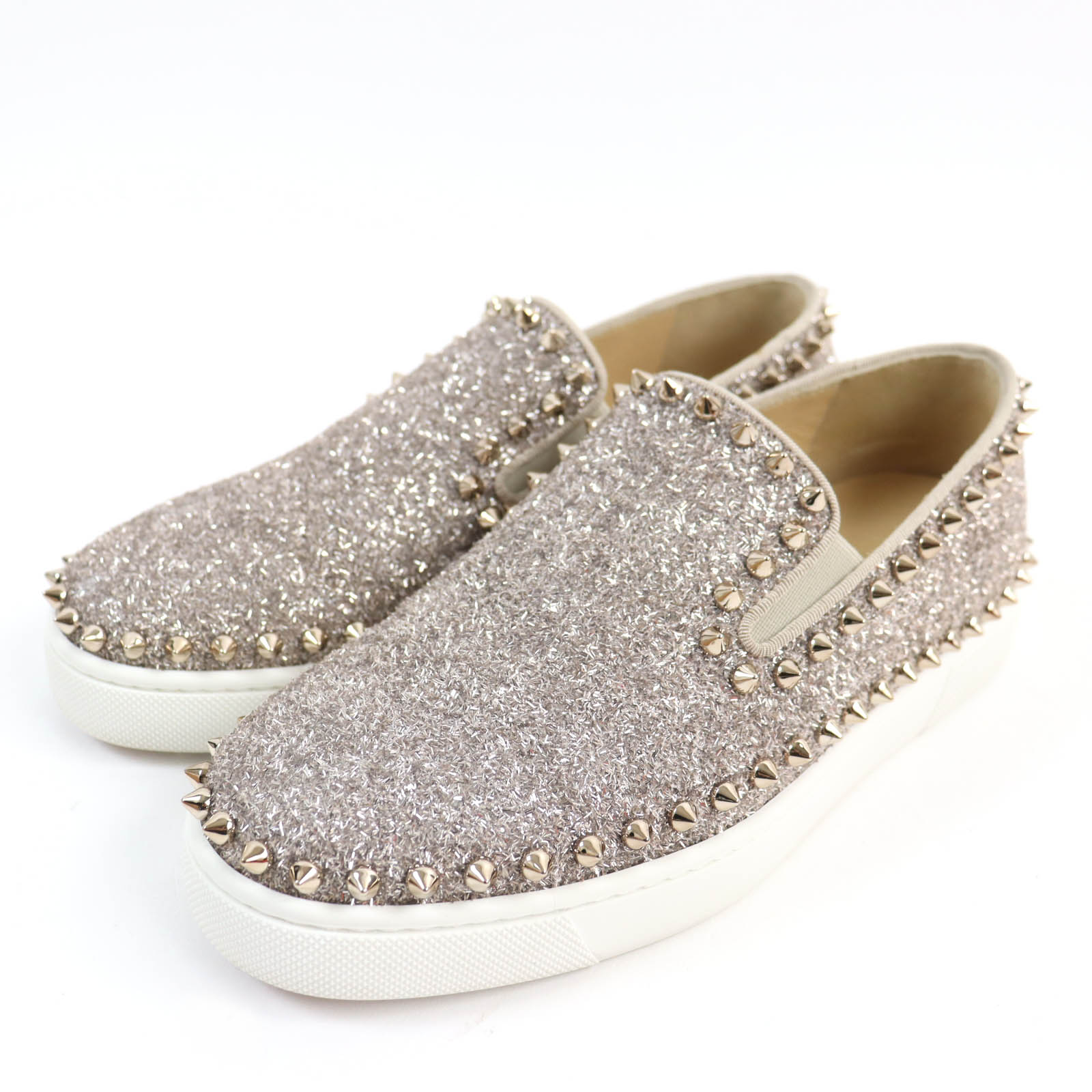 美品☆Christian Louboutin クリスチャンルブタン ピックボート スパイクスタッズ付 グリッター スリッポン シルバー ゴールド金具 35 箱・保存袋付き イタリア製 レディース【中古】