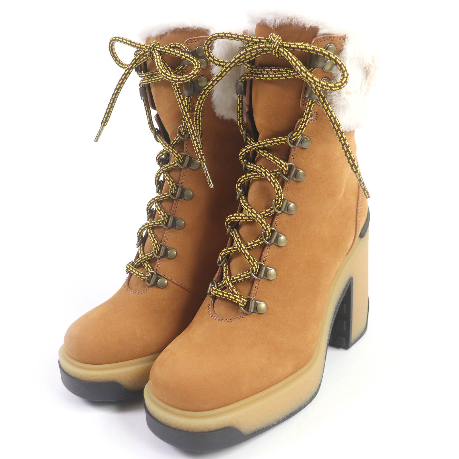 未使用品□MONCLER モンクレール CLAUDIA ANKLE BOOTS ヌバックレザー ファー アンクルブーツ ブラウン 24 箱・保存袋付き イタリア製 レディース【中古】