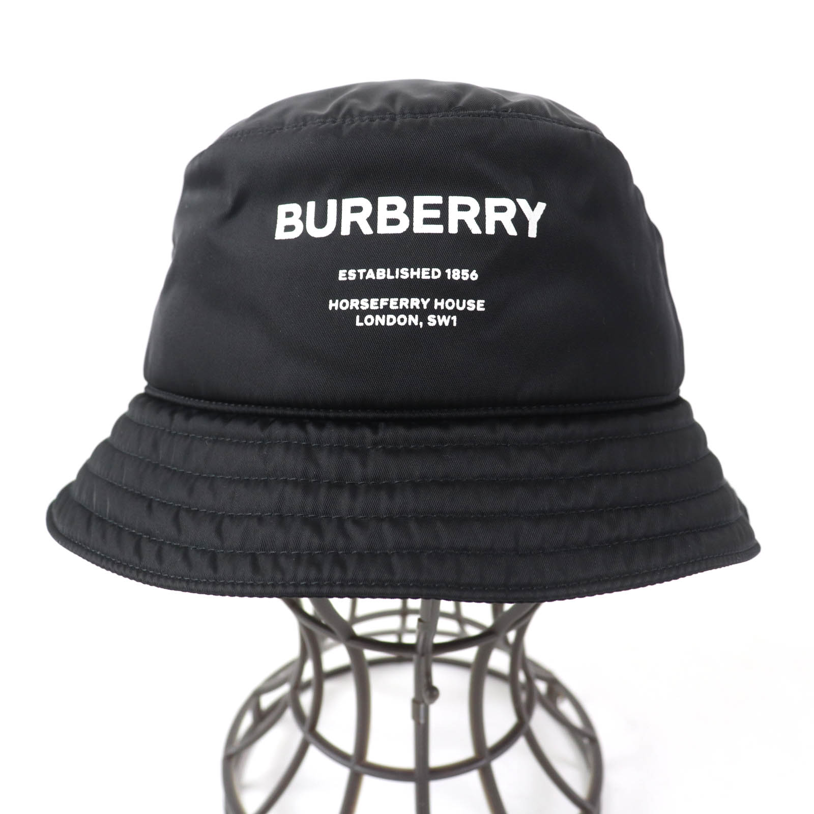 美品☆BURBERRY バーバリー 8044081 ホースフェリープリント ロゴ入り バケットハット 帽子 ブラック M イタリア製 正規品 レディース【中古】