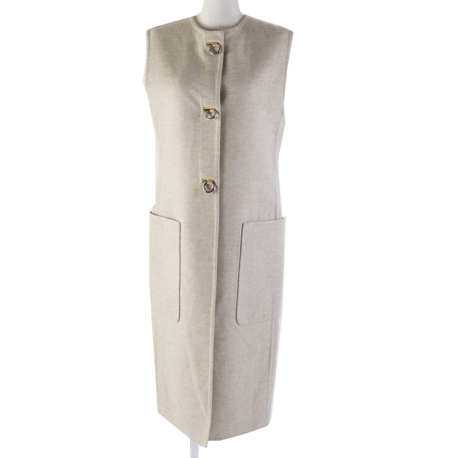 未使用品◎HERMES エルメス 3E0223DZ カシミヤ100％ シルバー金具 ラムレザー使い ロング丈 ジレ／ベスト ライトベージュ 36 フランス製 正規品 レディース【中古】