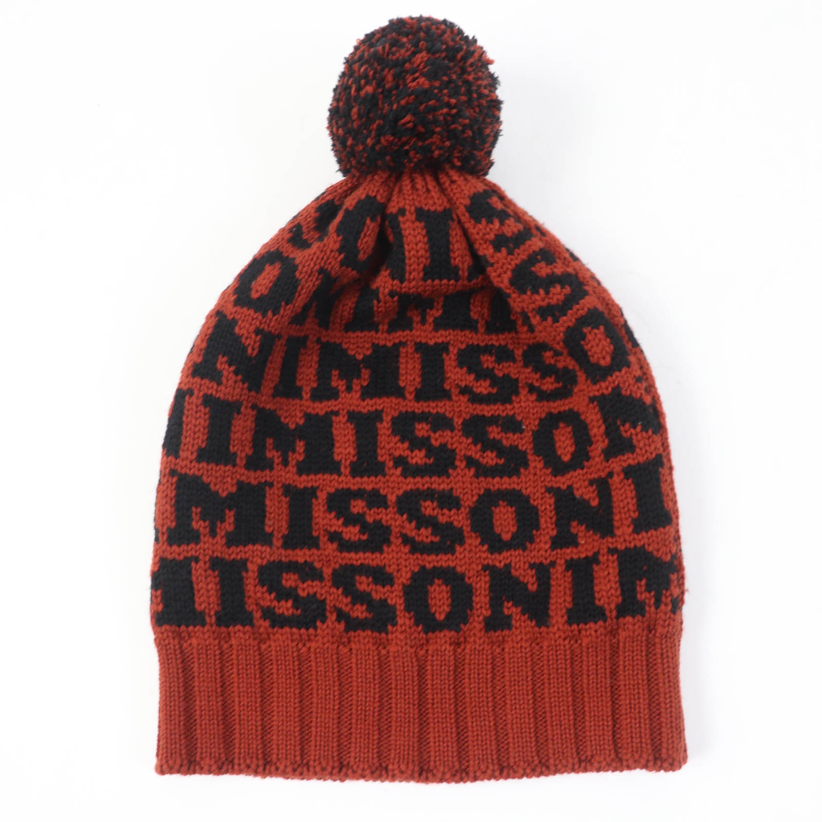 極美品☆Missoni ミッソーニ ウール100％ ロゴ入り ニット帽子 ニットキャップ ブラウン ブラック イタリア製 正規品 レディース【中古】
