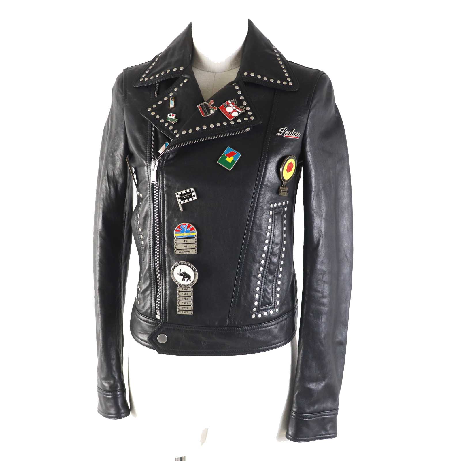 美品◎SAINT LAURENT PARIS サンローランパリ 18AW 530735 マルチピンバッジアンドスタッズ モーターサイクルレザージャケット ライダースジャケット ブラック 34 イタリア製 正規品 レディース【中古】