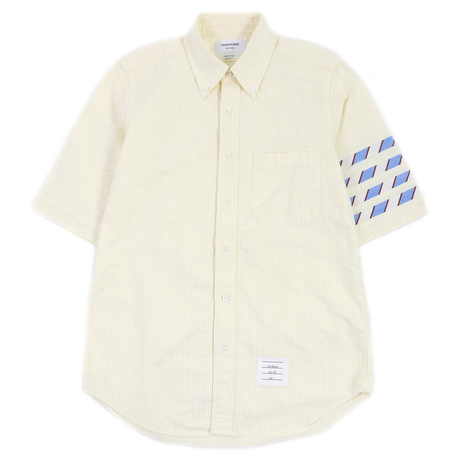 極美品□THOM BROWNE トムブラウン 23SS MWS256A 4BAR トリコロール ストライプ 半袖シャツ イエロー 2 イタリア製 正規品 メンズ【中古】