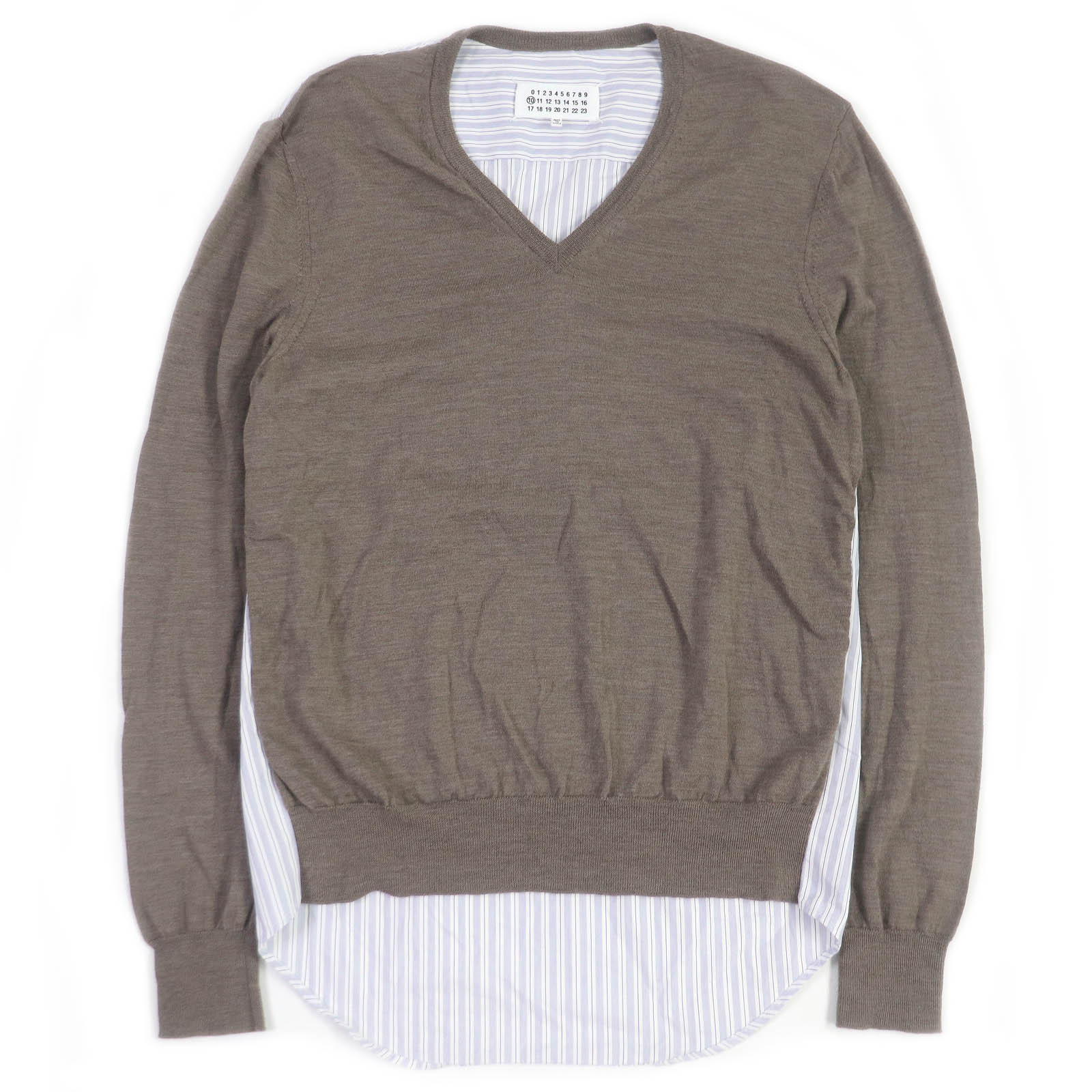極美品□Maison Margiela 10 メゾンマルジェラ10 S50HA0941 20SS ウール コットン ドッキング ストライプス 薄手 長袖ニット セーター シャツ ブラウン ブルー S イタリア製 正規品 メンズ【中古】
