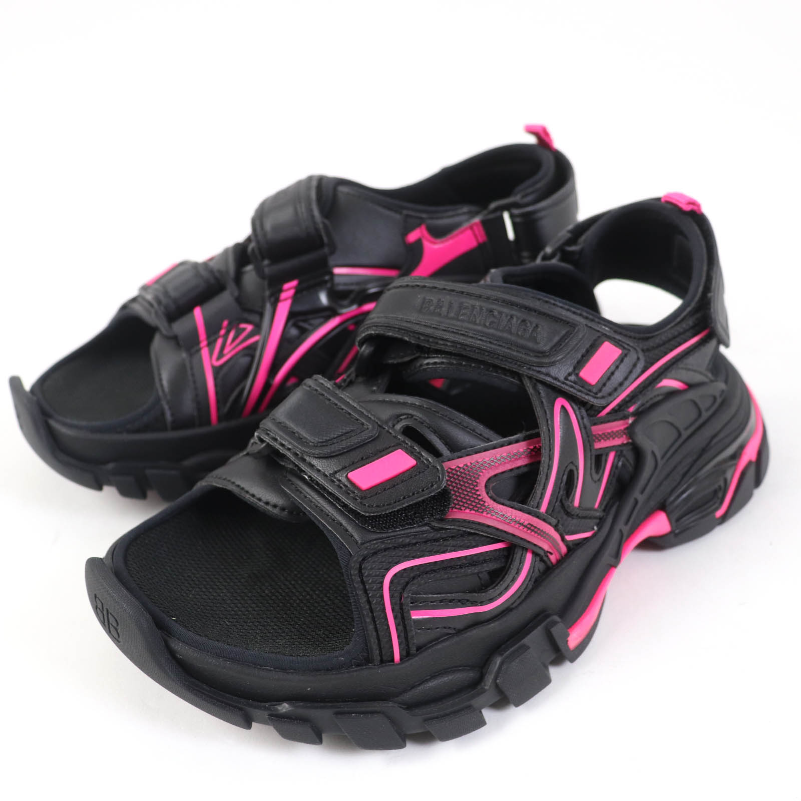 未使用品☆BALENCIAGA バレンシアガ 617543 Track Sandal トラック サンダル ロゴ入り ブラック ピンク 24cm 箱・保存袋付き レディース【中古】