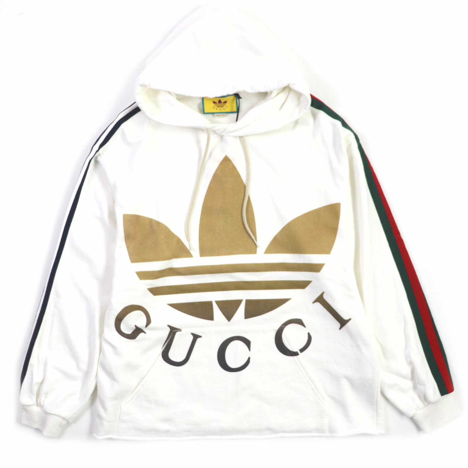 未使用品▼GUCCI グッチ adidas アディダス 722967 ウェブライン トレフォイル ロゴプリント パーカー ホワイト S イタリア製 正規品 メンズ【中古】
