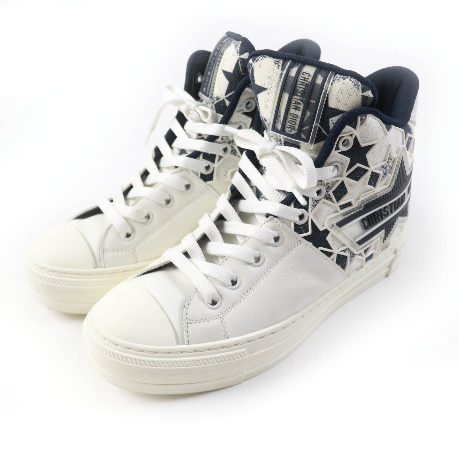 美品★Christian Dior クリスチャンディオール Walk N Dior Star ウォーキンディオール スター キャンバス レザー ハイカットスニーカー ホワイト ネイビー 36 イタリア製 レディース【中古】