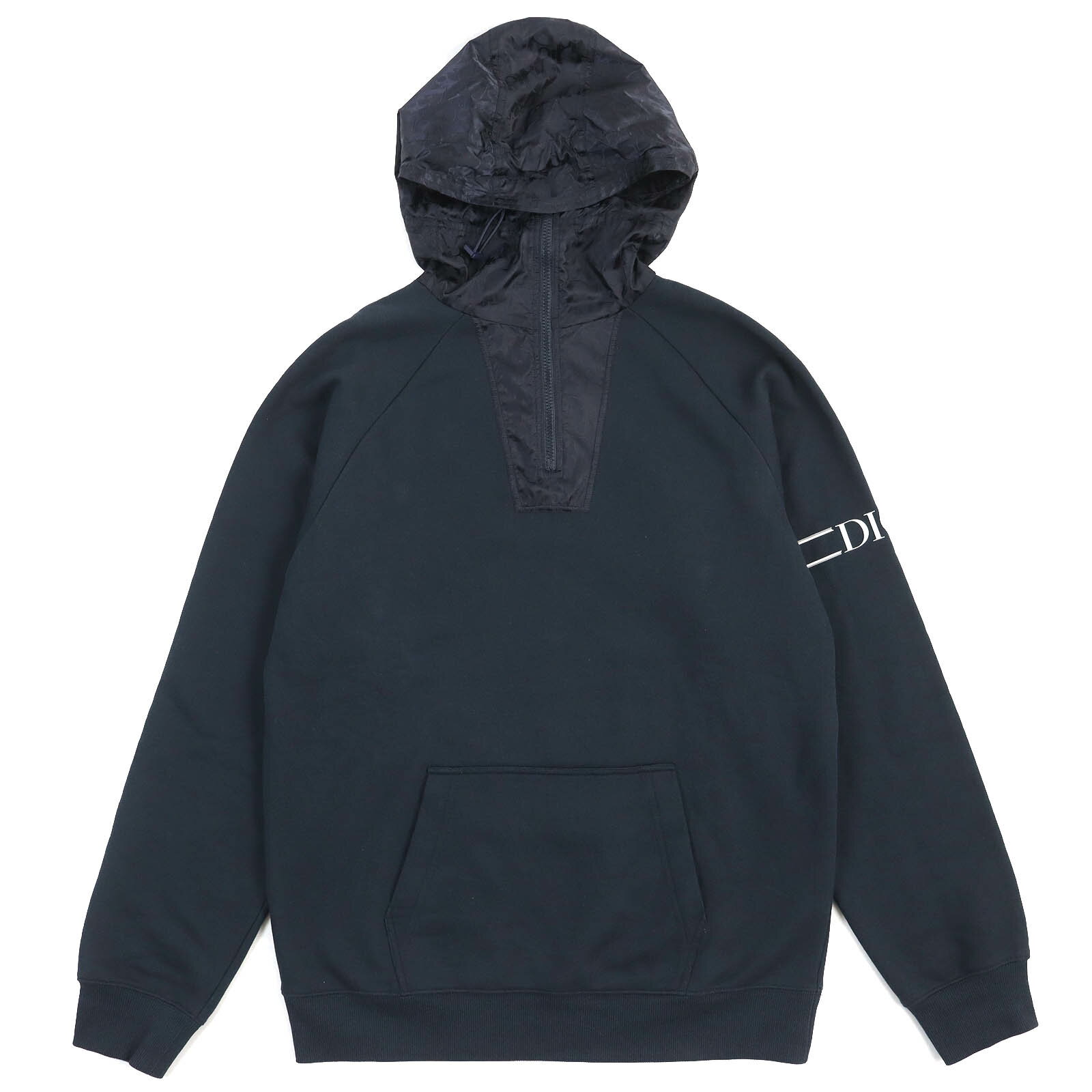 美品△DIOR ディオール オム 113J406A0531 コットン100％ オブリーク ナイロンフード付き ハーフジップ レイヤード パーカー ネイビー S イタリア製 正規品 メンズ【中古】