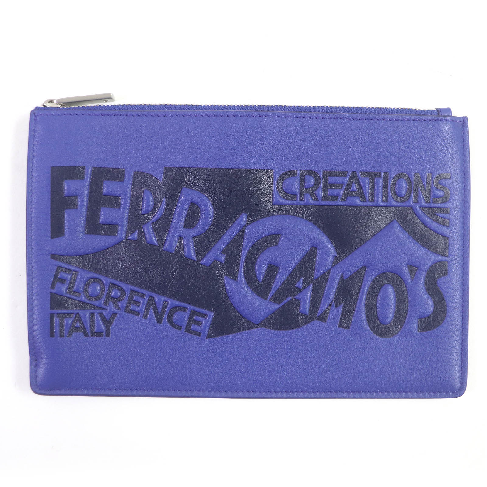 極美品□Salvatore Ferragamo サルヴァトーレフェラガモ エンボスロゴ レザー 小物入れ マルチケース ポーチ ブルー 保存袋付き メンズ【中古】