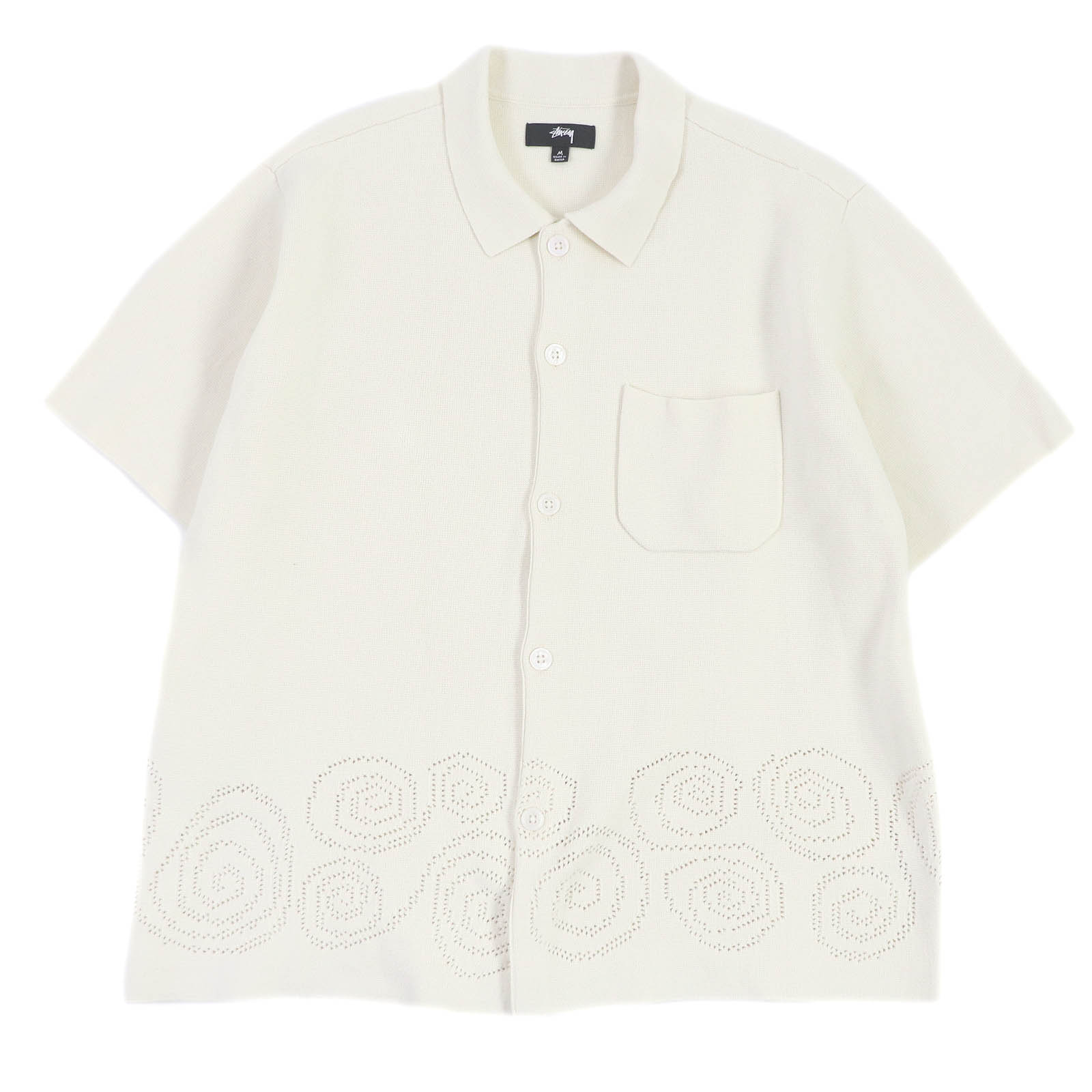 極美品□STUSSY ステューシー 23SS Perforated Swirl Knit Shirt コットン パーフォレーテッド 半袖 ニットシャツ アイボリー M 正規品 メンズ【中古】