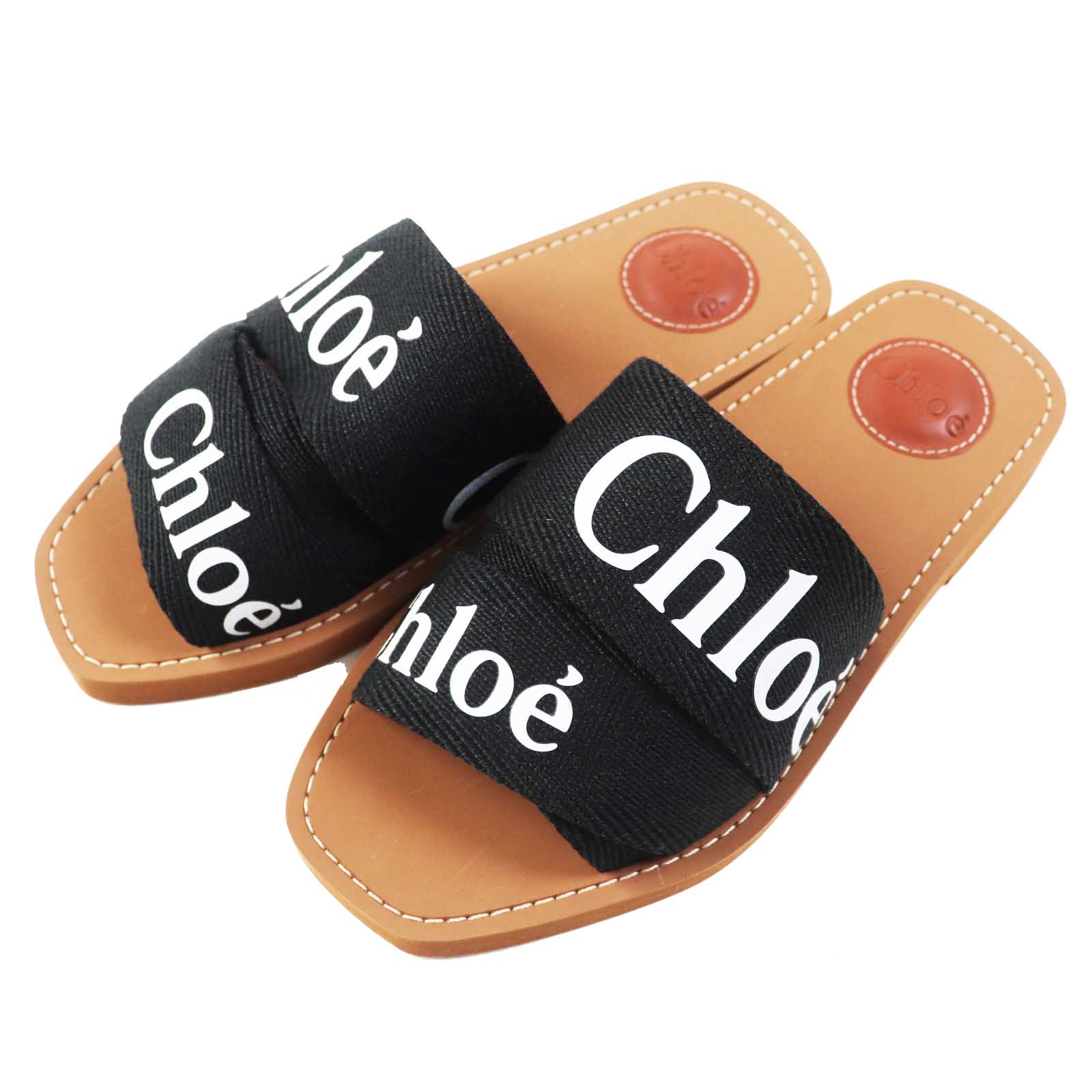 未使用品◎Chloe クロエ CHC22U188Z3001 WOODY ウッディ フラット ミュール／サンダル ブラック ブラウン 36 箱・保存袋付き レディース【中古】