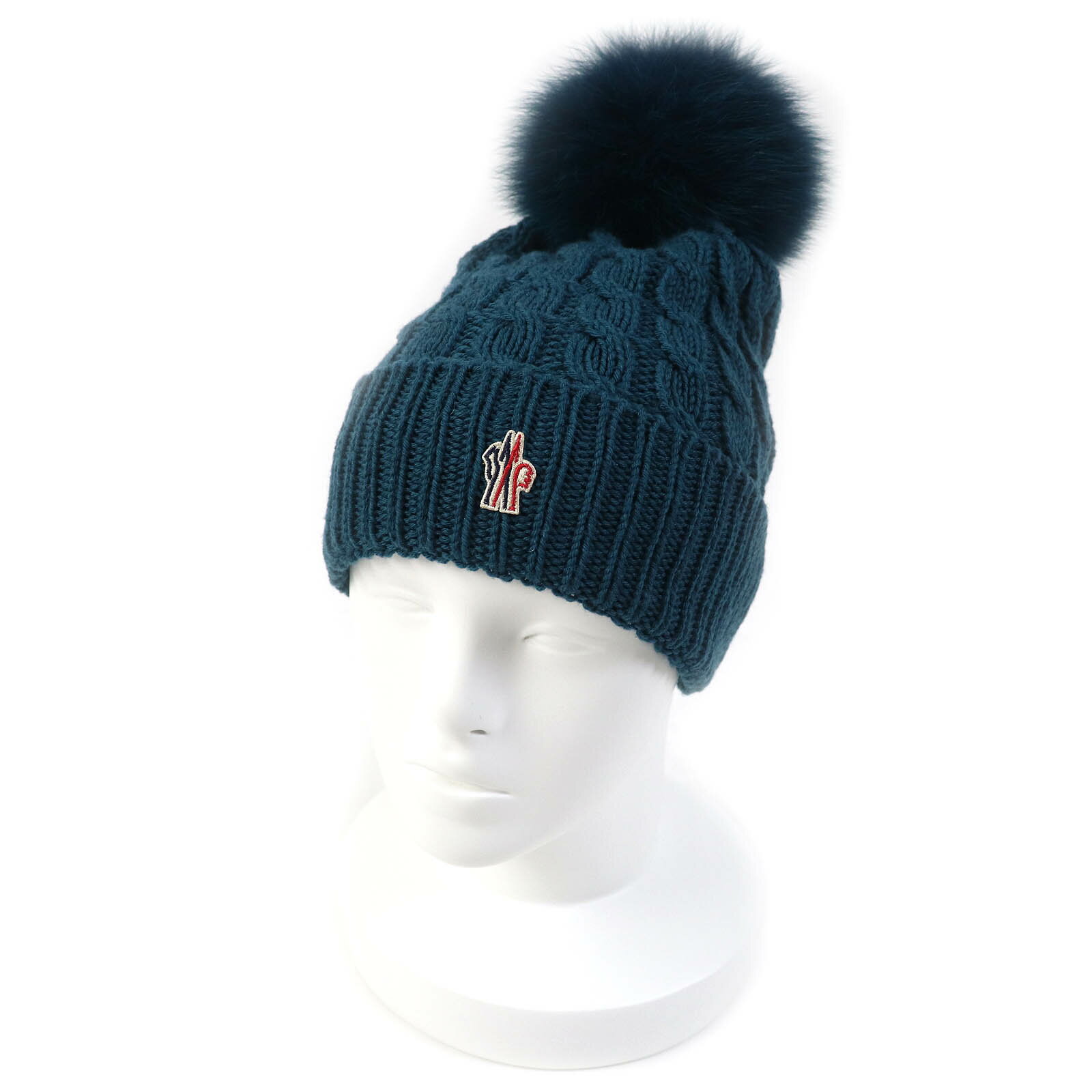 未使用品△MONCLER GRENOBLE モンクレール グルノーブル APRES-SKI BERRETTO ウール100％ フォックスファー付き ビーニー ニットキャップ ニット帽 ブルー系 イタリア製 正規品 レディース 大人気 オススメ◎【中古】