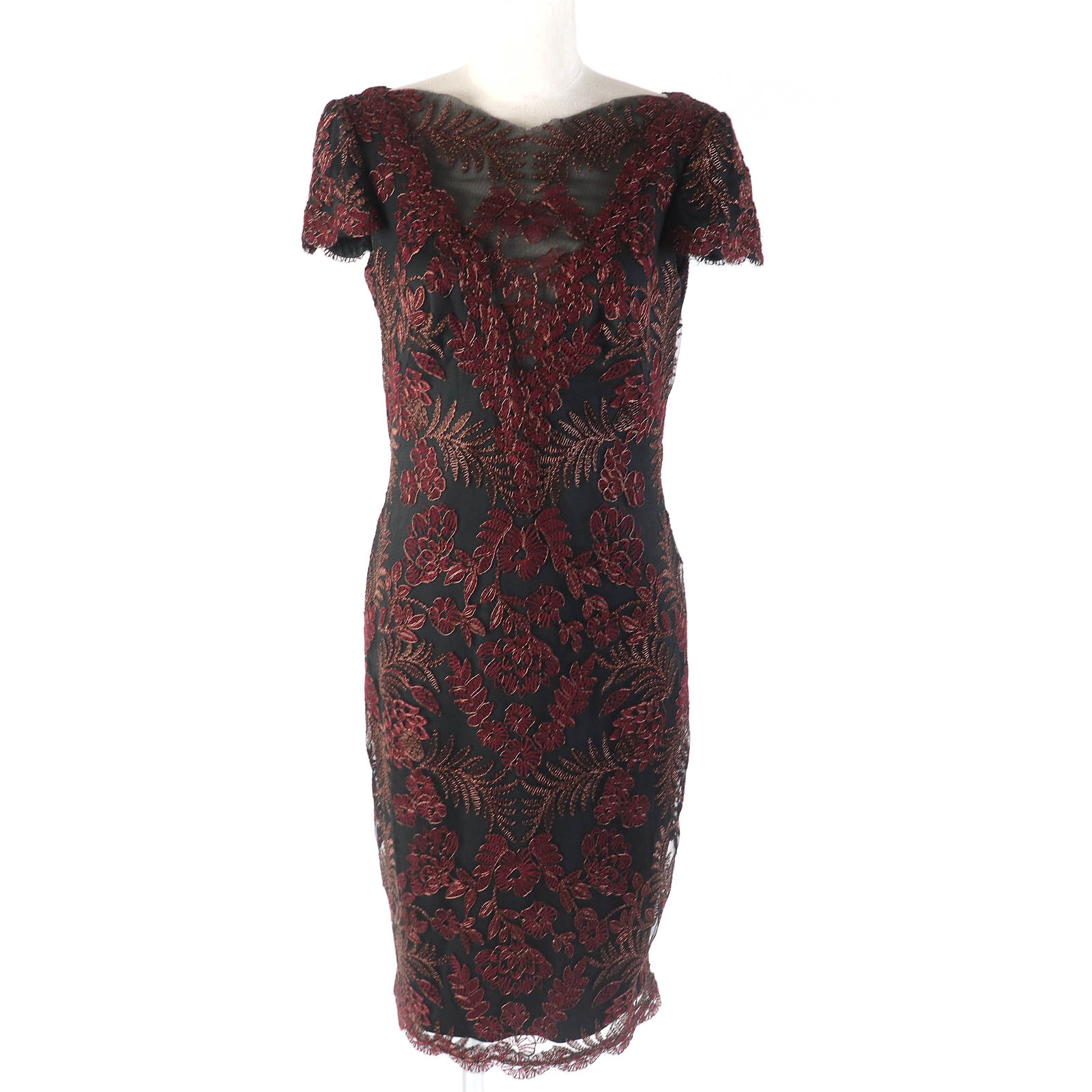 極美品△TADASHI SHOJI タダシショージ Pemba Dress 花柄 エンブロイダリー 半袖 ワンピース ドレス ブラック ボルドー 4 レディース 美シルエット オススメ◎【中古】