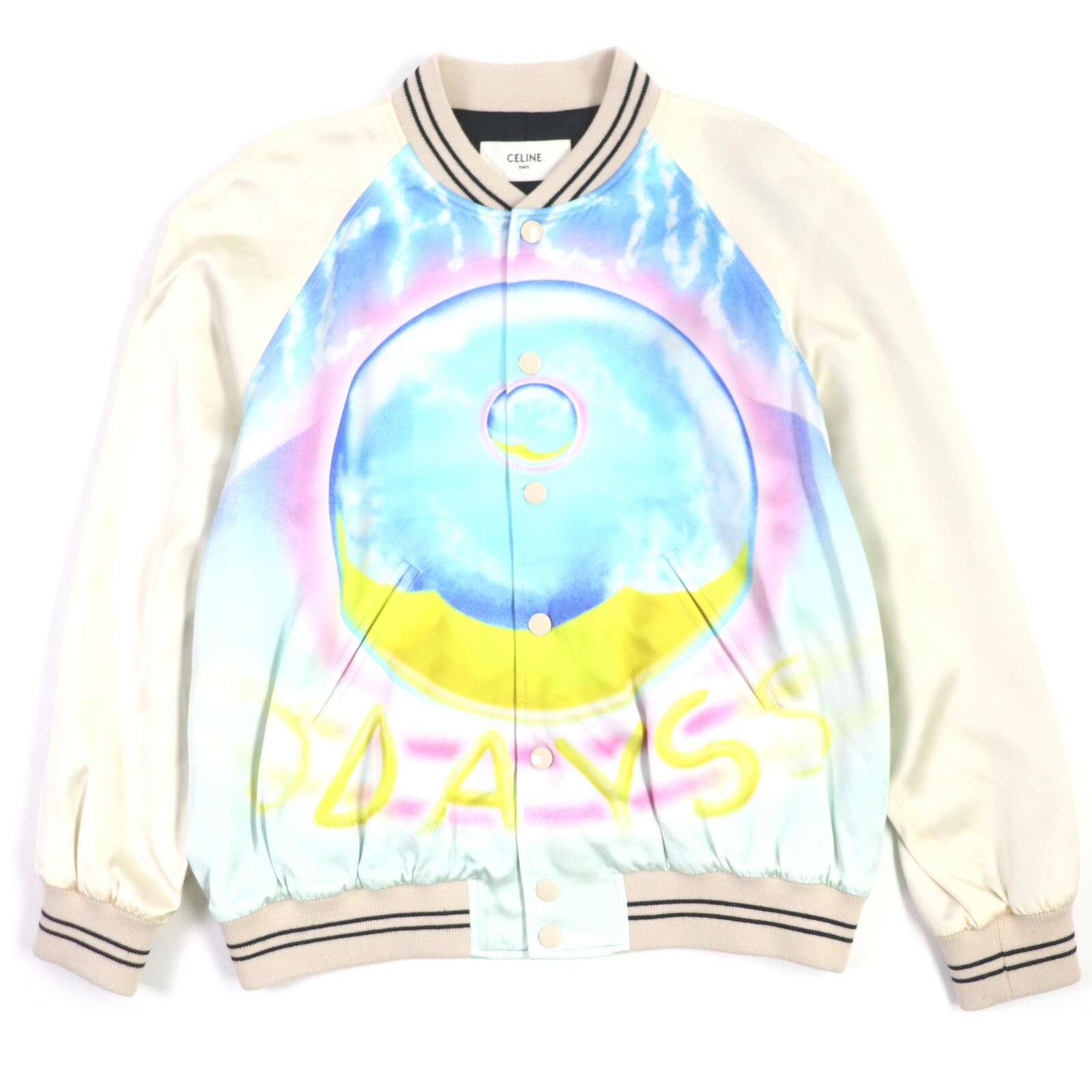 極美品▼CELINE セリーヌ 2V28H353Q Teddy Jacket With Satin Artist Print テディスーベニアジャケット スタジャン アイボリー マルチ 50 イタリア製 正規品 メンズ【中古】