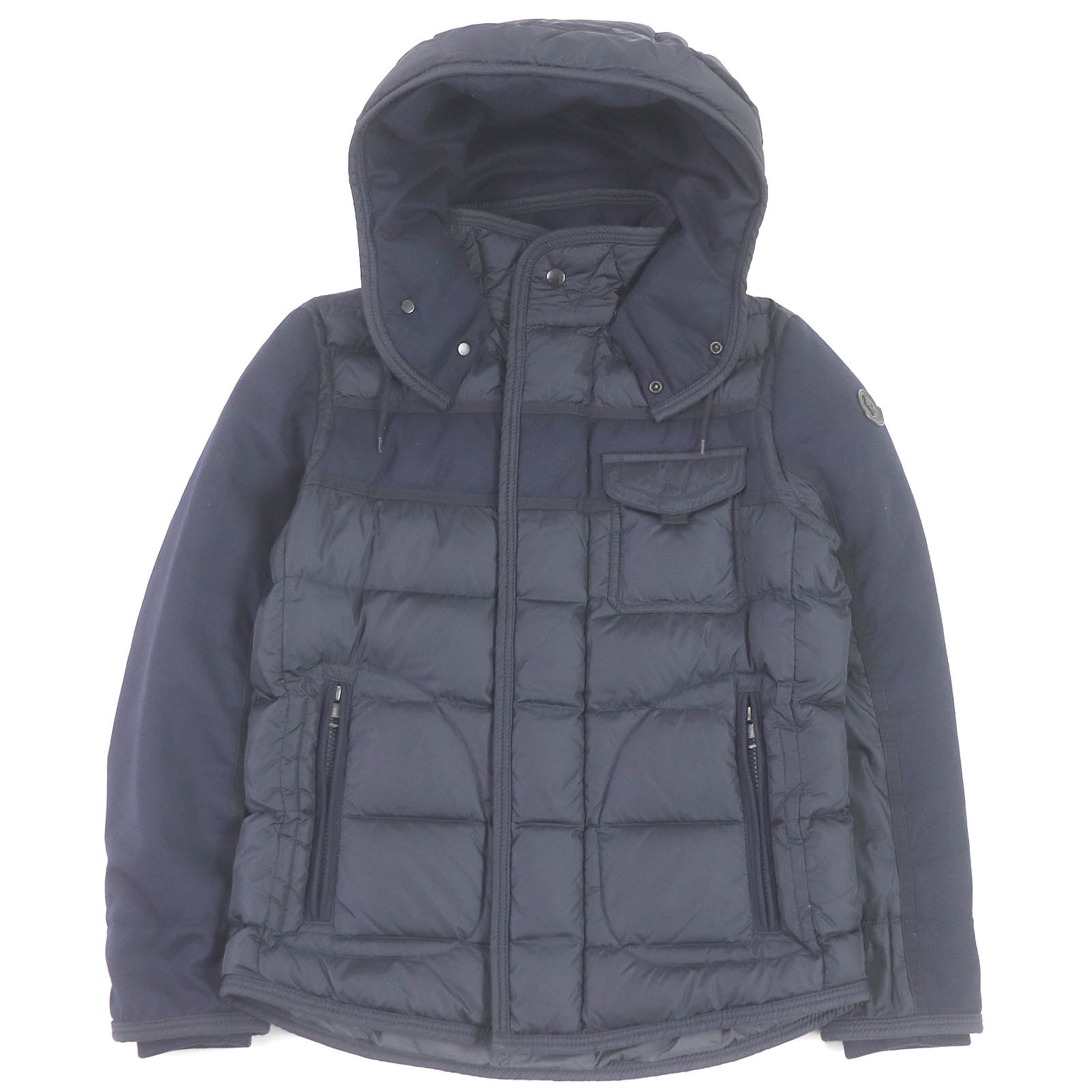美品□MONCLER モンクレール RYAN GIUBBOTTO ウール ロゴレザーワッペン フーデッド WZIP ダウンジャケット ネイビー 0 正規品 メンズ【中古】