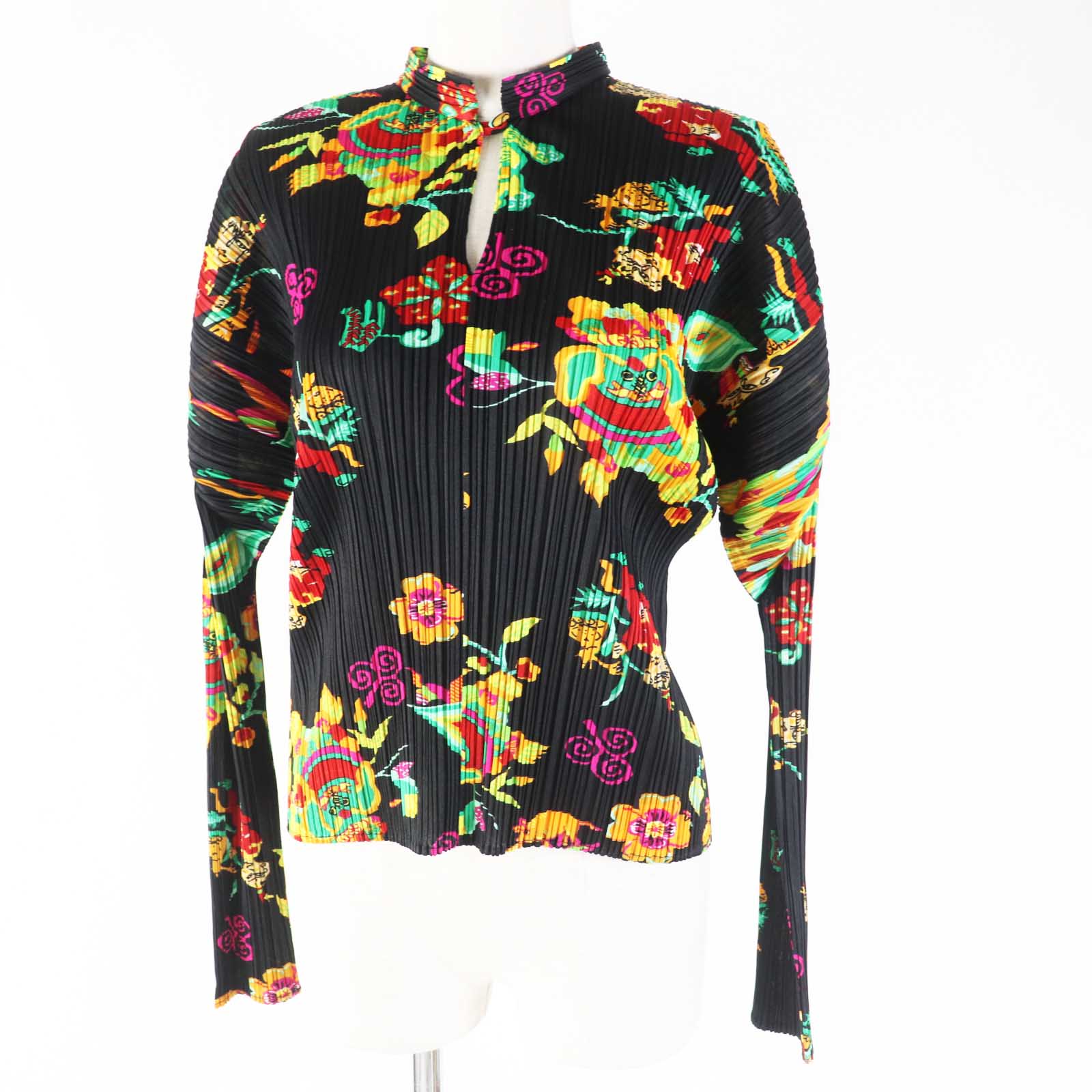 極美品◎PLEATS PLEASE プリーツプリーズ イッセイミヤケ 98年製 PP81-JK590 ポリエステル100％ 中国 獅子 縁起柄 長袖トップス ブラック マルチ 3 日本製 正規品【中古】