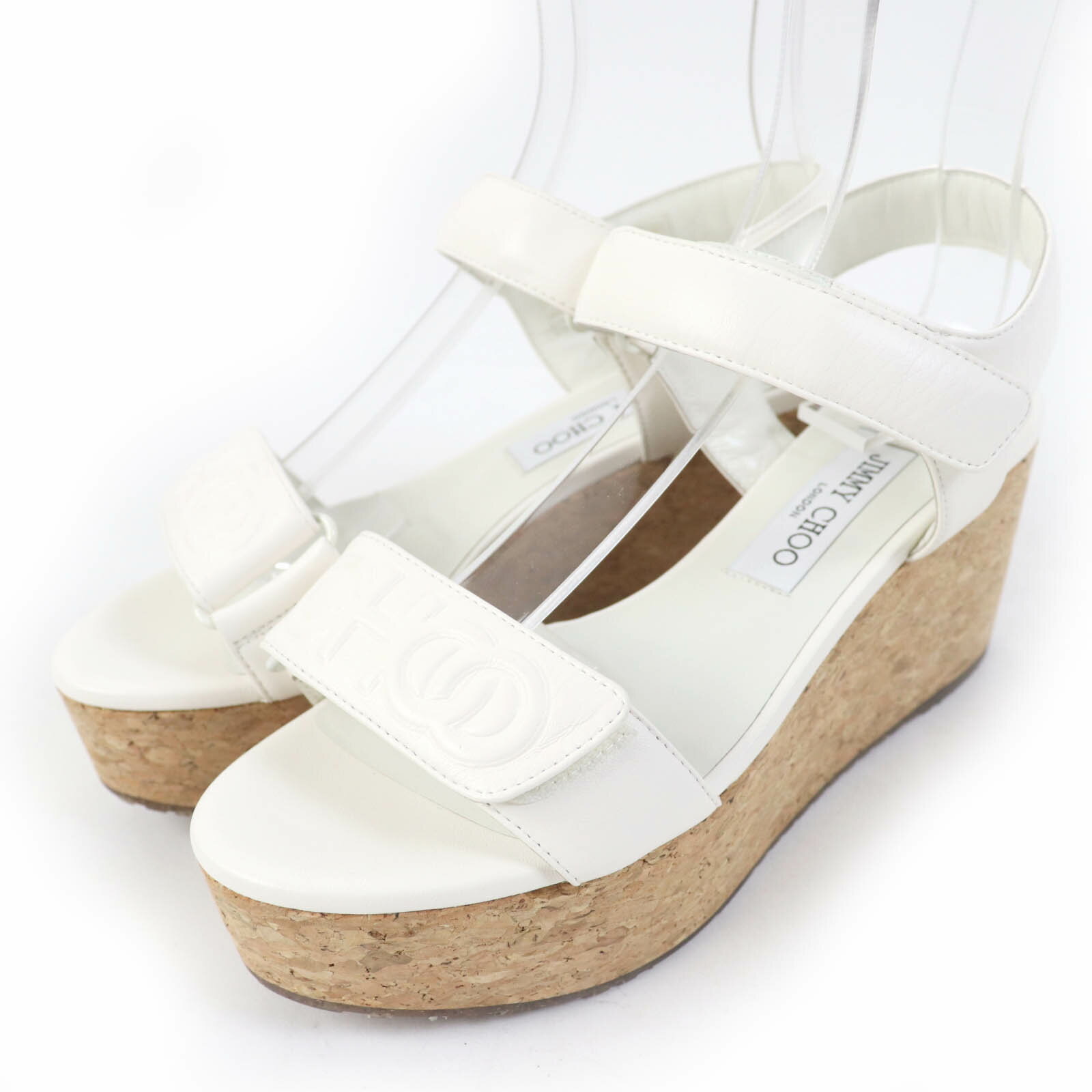 未使用品☆JIMMY CHOO ジミーチュウ BLAIR ロゴエンボス アンクルストラップ ウェッジソール レザー サンダル ホワイト 38 箱・保存袋付き イタリア製 レディース【中古】