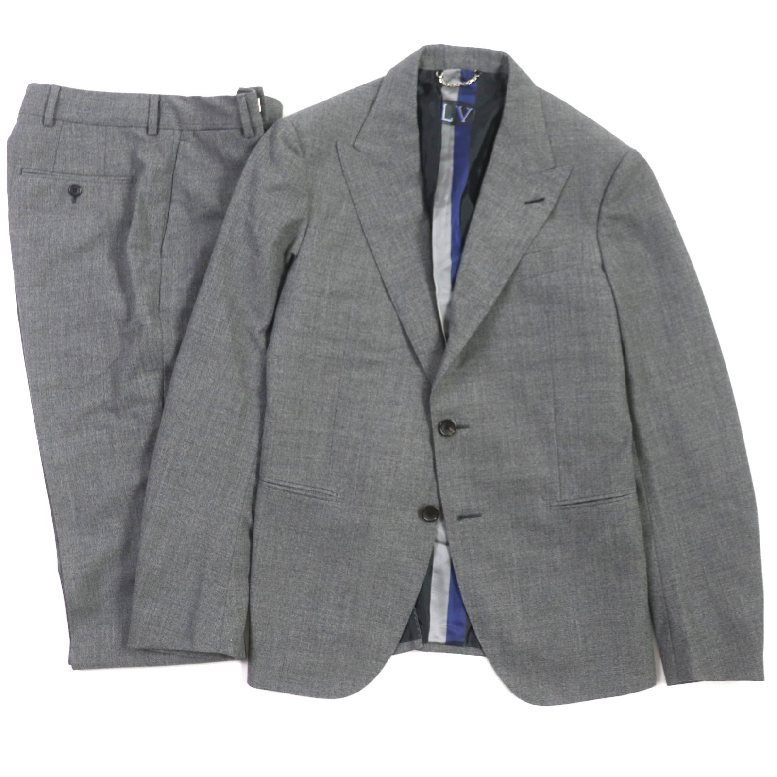 美品▼LOUIS VUITTON ルイヴィトン PONT NEUF FIT ウール100% ロゴ入りボタン シングルスーツ 上下セットアップ グレー 48 イタリア製 正規品 メンズ【中古】