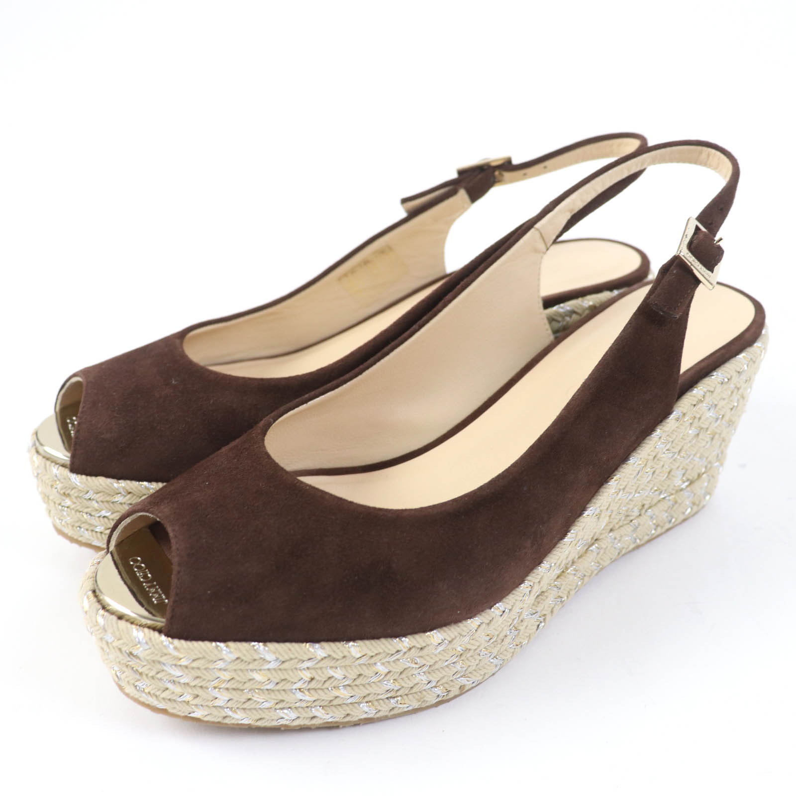 極美品☆JIMMY CHOO ジミーチュウ PRAISE オープントゥ バックストラップ ウェッジソール スウェードレザー サンダル ブラウン 38.5 箱・保存袋付き スペイン製 レディース【中古】